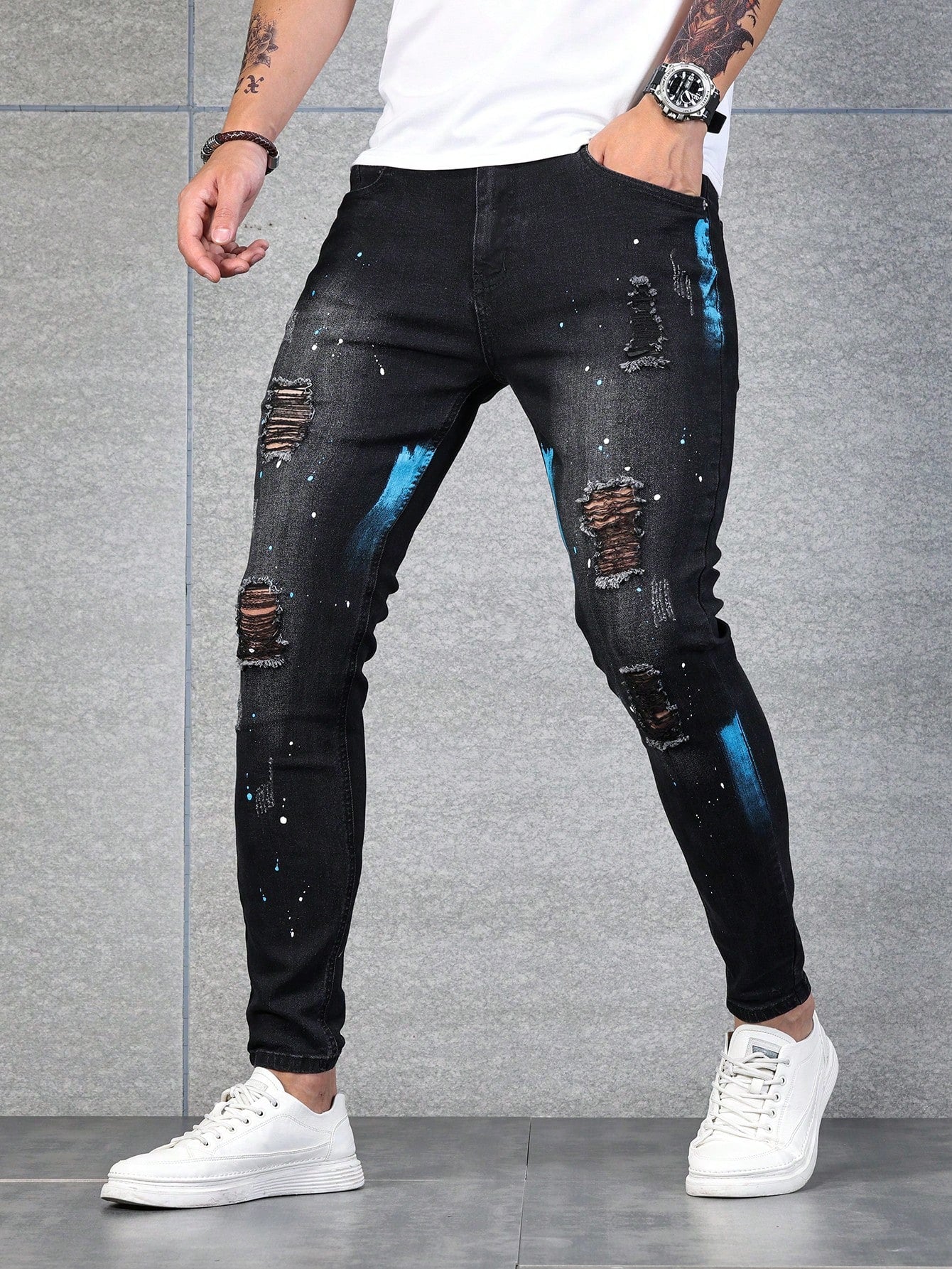 Men's Slim Fit Dark Grey Washed Ripped Jeans - Trendy Frayed Cargo Style for Everyday Wear Black / 30 Dark Grey / 28