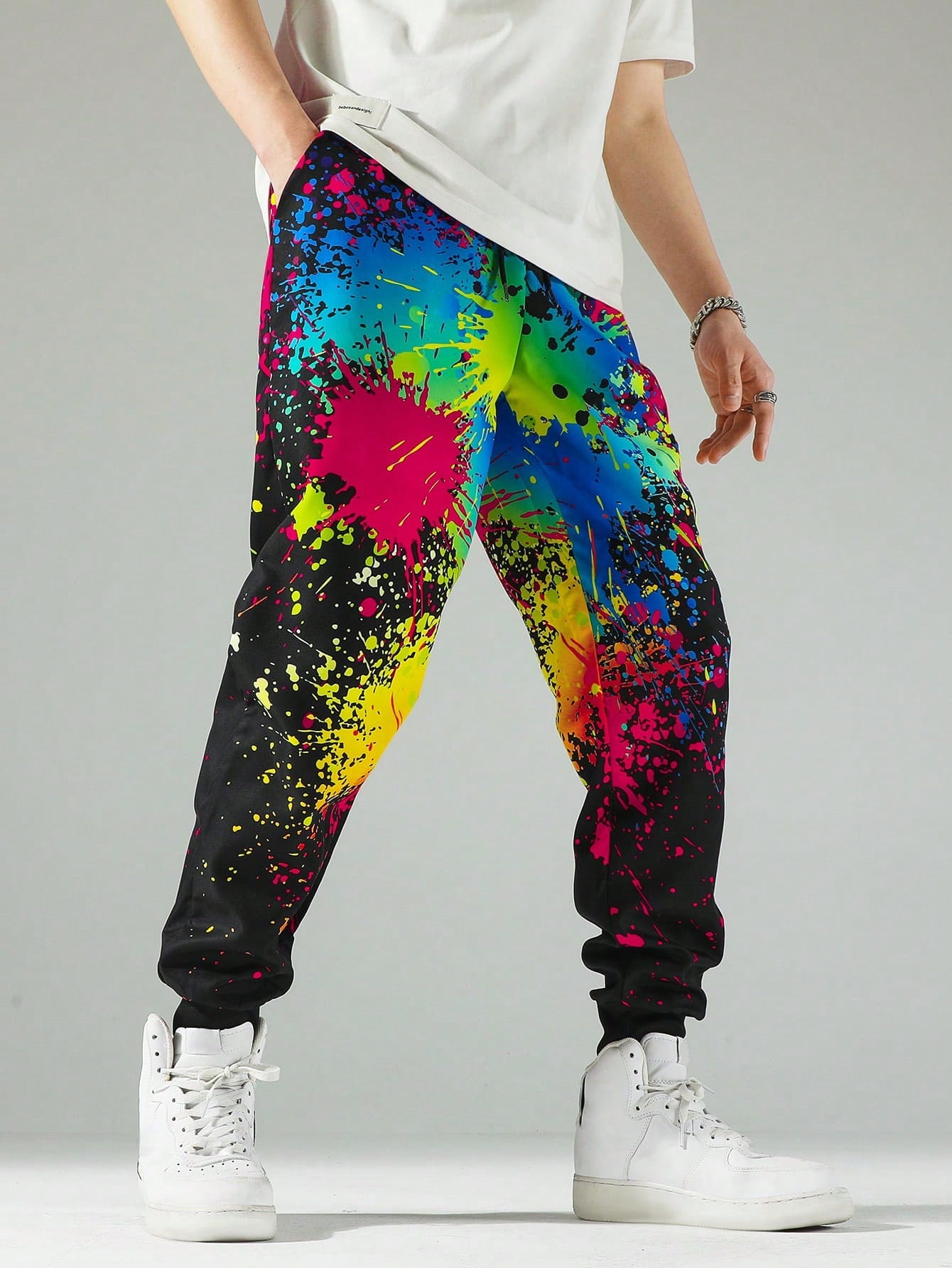 Vibrant Splash Ink Print Drawstring Pants for Stylish Men – Perfect Casual Wear S M