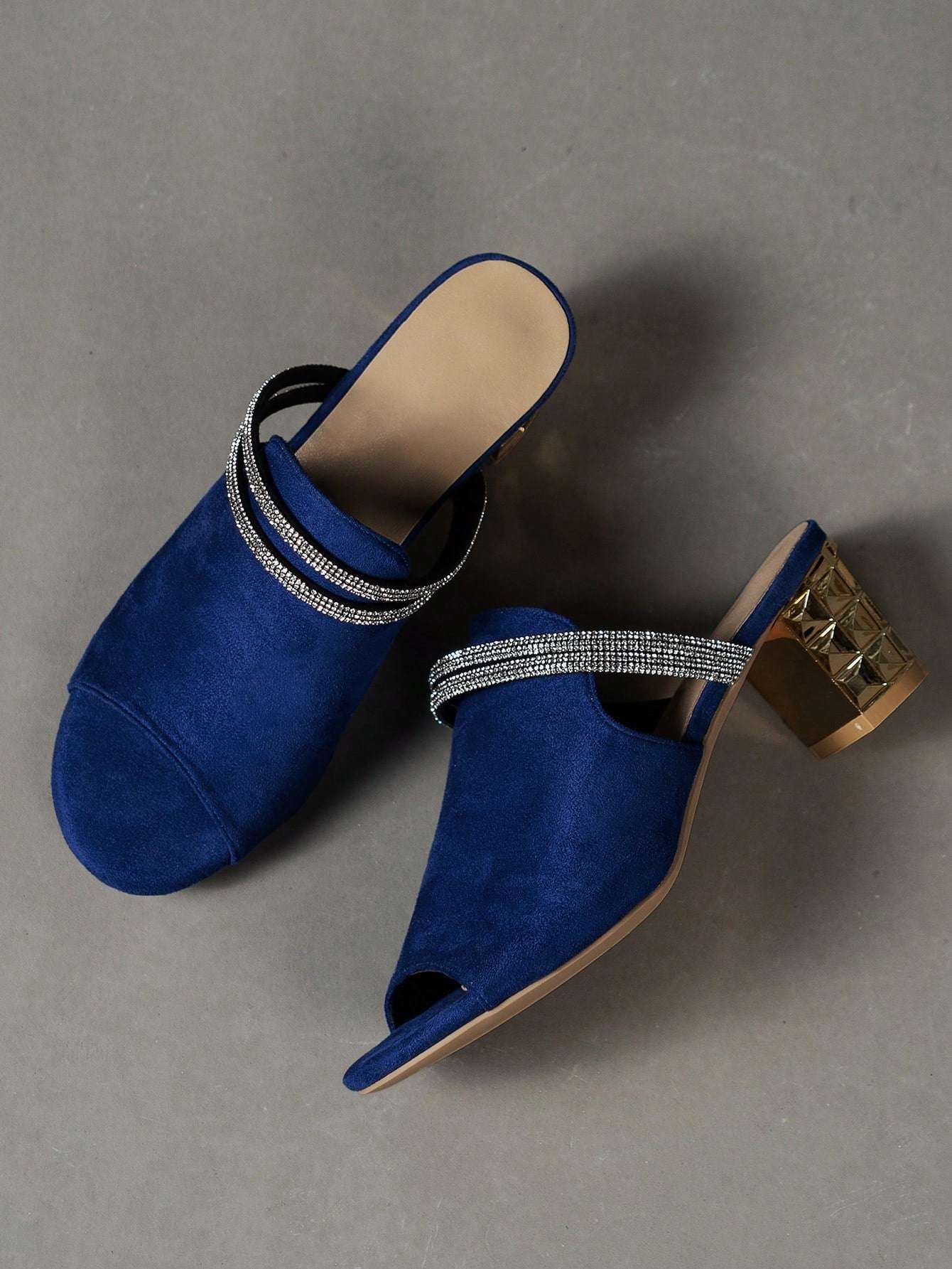 Chic Rhinestone-Embellished Chunky Heeled Blue Faux Suede Mules CN35 CN36 CN37 CN35-CN36-CN37-CN38-CN39-CN40-CN41-CN42-