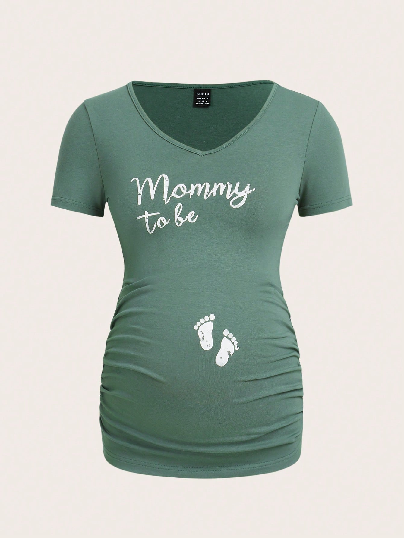 Modmama Maternity Footprint and Slogan Graphic Ruched Side Tee Green