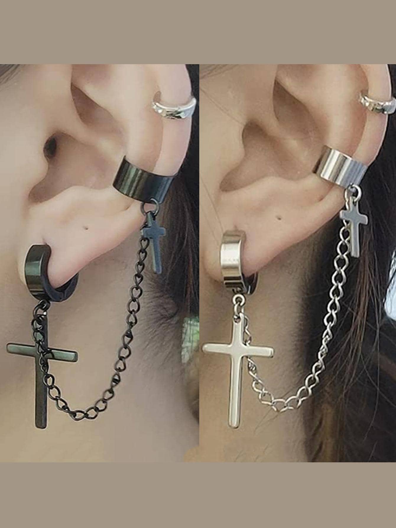 Stylish Cross-Chain Charm Ear Cuff in Stainless Steel Black Silver