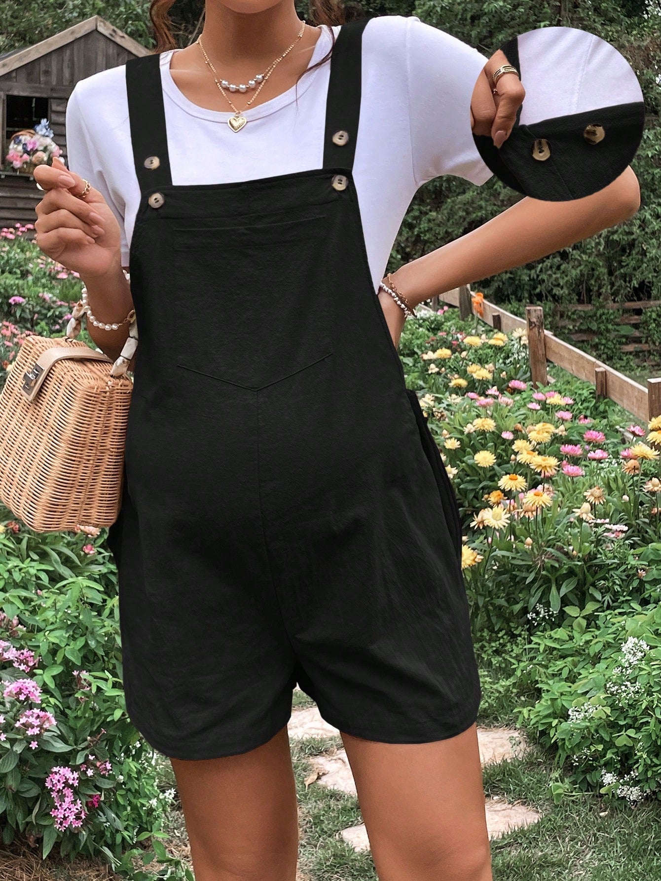 Chic & Comfortable Maternity Patched Pocket Overall Romper – Effortless Style for Expecting Moms Khaki / S Khaki / M