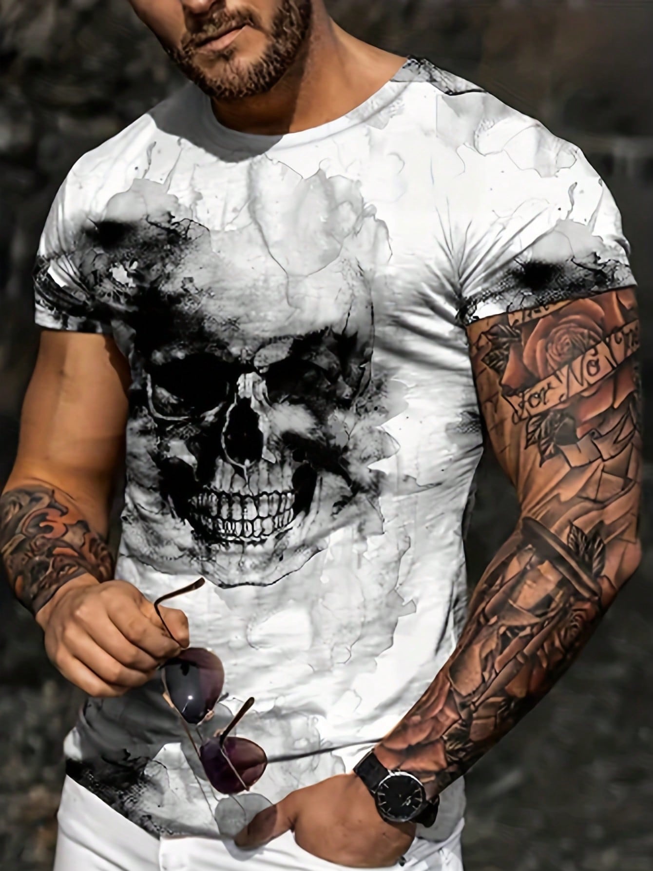 Bold Skull Graphic Casual Crew Neck T-Shirt for Men White