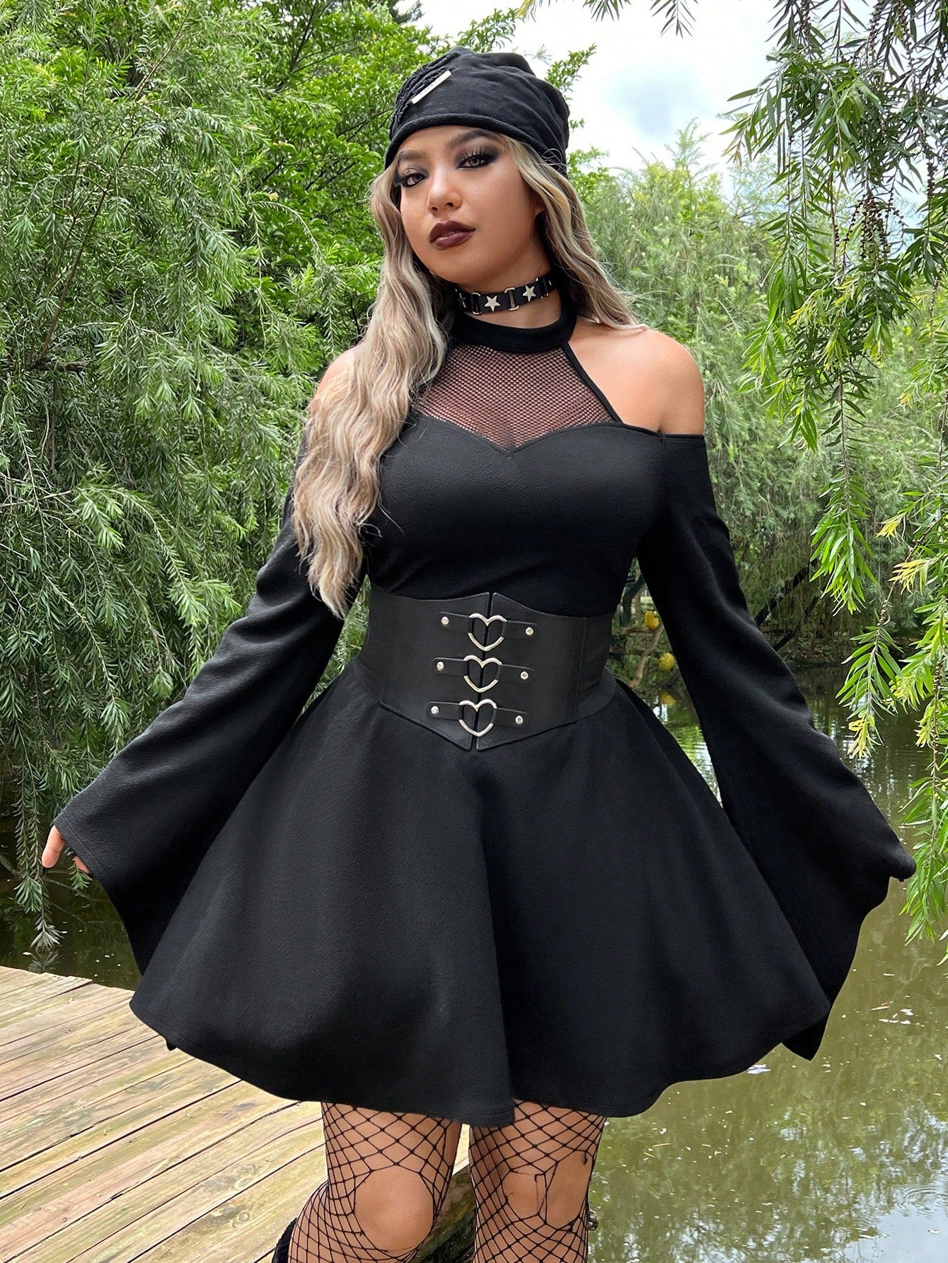 Edgy Elegance: Punk Plus Cold Shoulder Contrast Mesh Trumpet Sleeve Dress