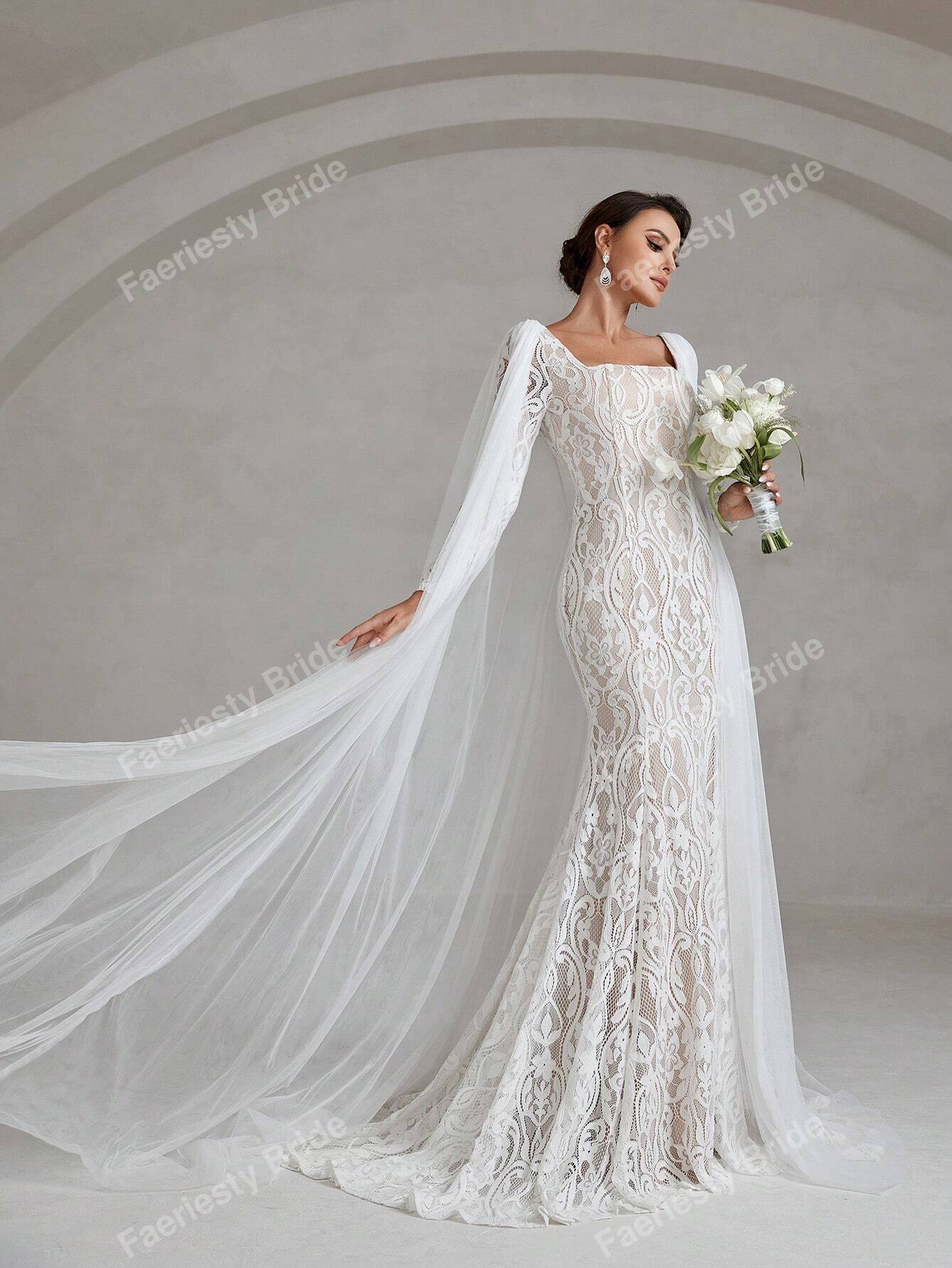 Elegant Square Neck White Lace Wedding Dress with Long Sleeves - Faeriesty Bridal Gown XL