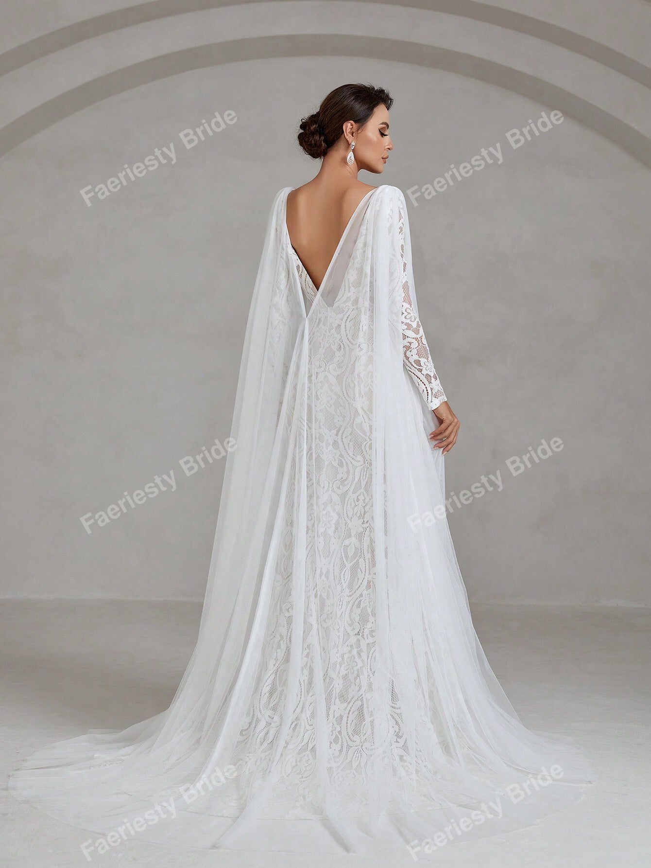 Elegant Square Neck White Lace Wedding Dress with Long Sleeves - Faeriesty Bridal Gown