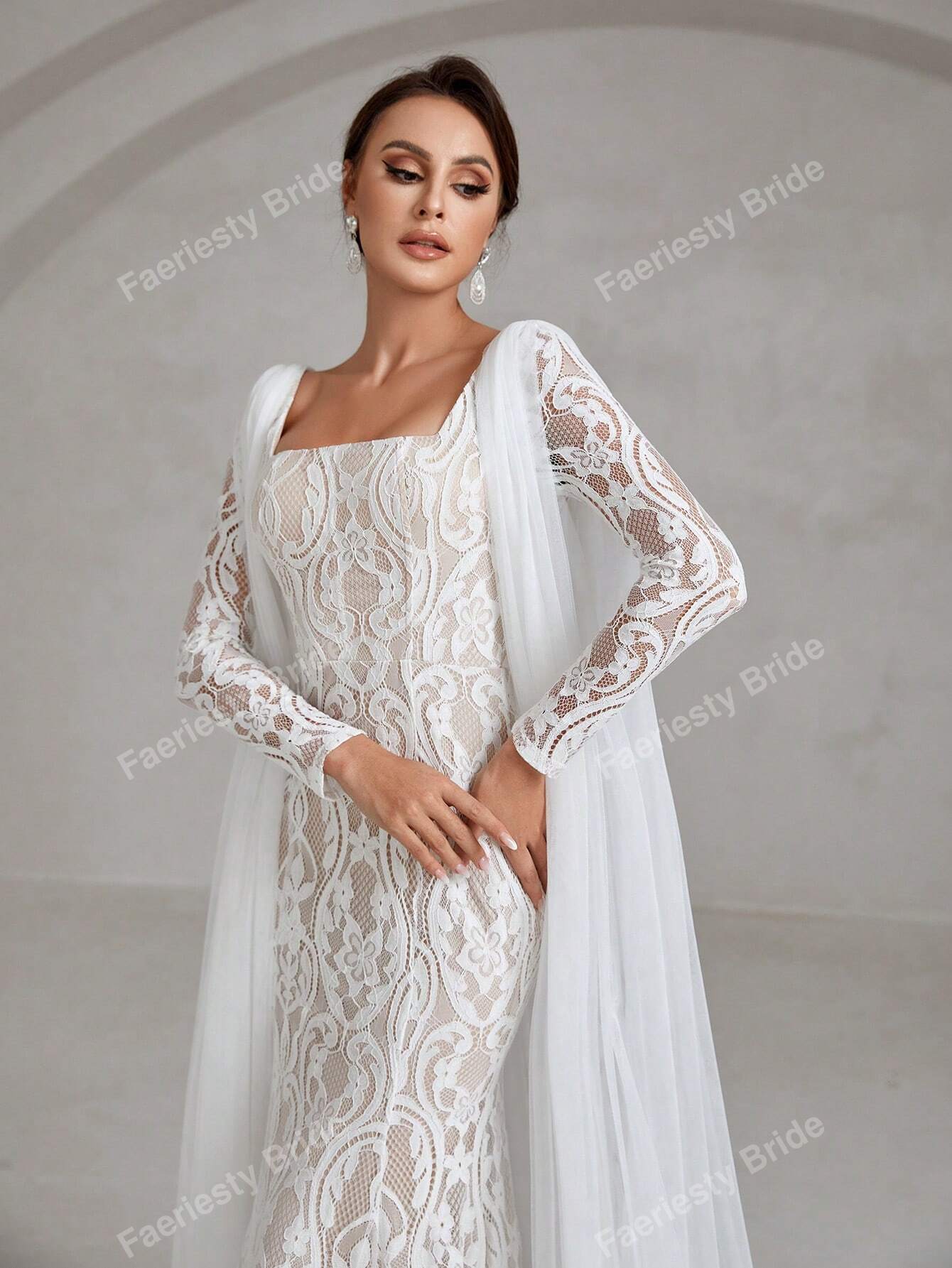 Elegant Square Neck White Lace Wedding Dress with Long Sleeves - Faeriesty Bridal Gown