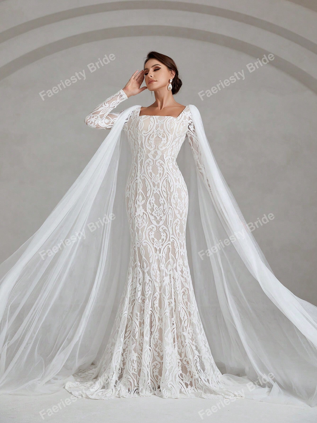 Elegant Square Neck White Lace Wedding Dress with Long Sleeves - Faeriesty Bridal Gown