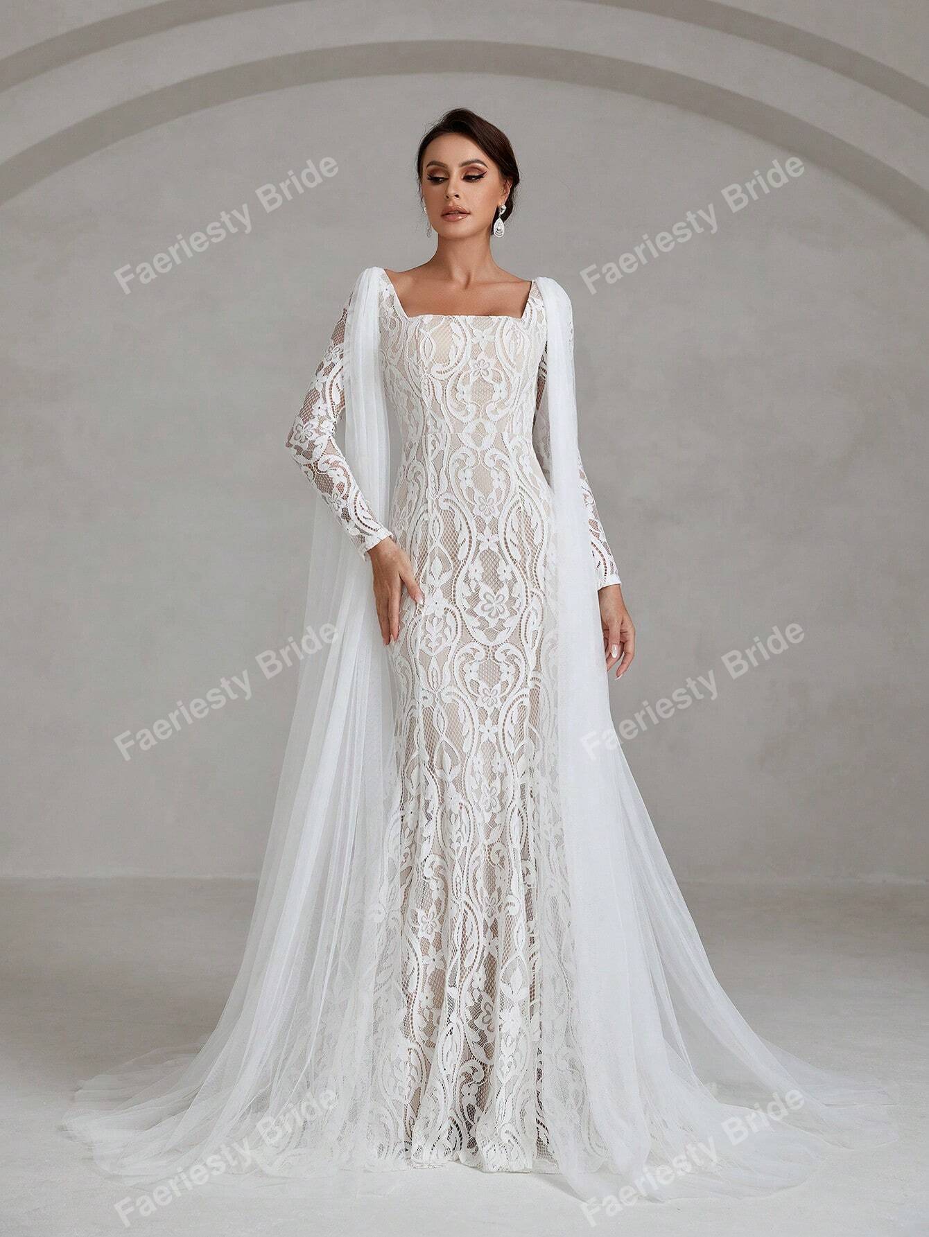 Elegant Square Neck White Lace Wedding Dress with Long Sleeves - Faeriesty Bridal Gown