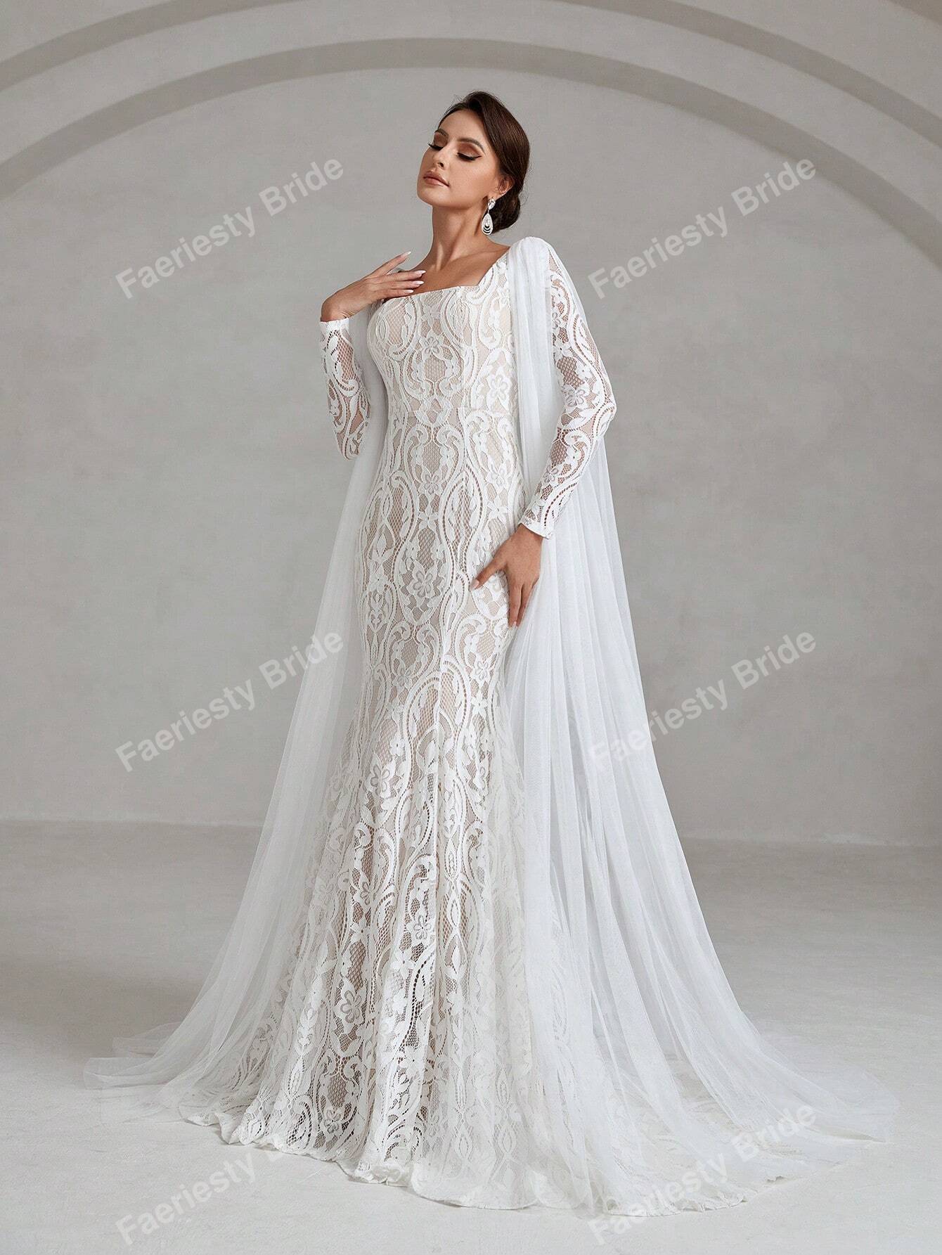 Elegant Square Neck White Lace Wedding Dress with Long Sleeves - Faeriesty Bridal Gown