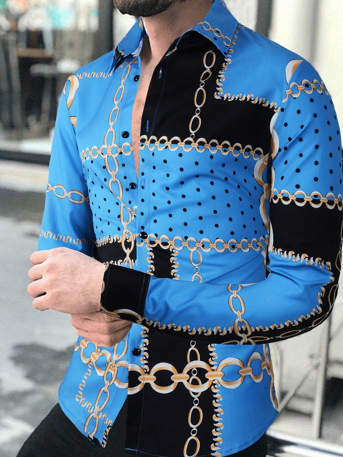 Trendy Autumn Vibes: Men's Casual Long Sleeve Shirt with Chain
