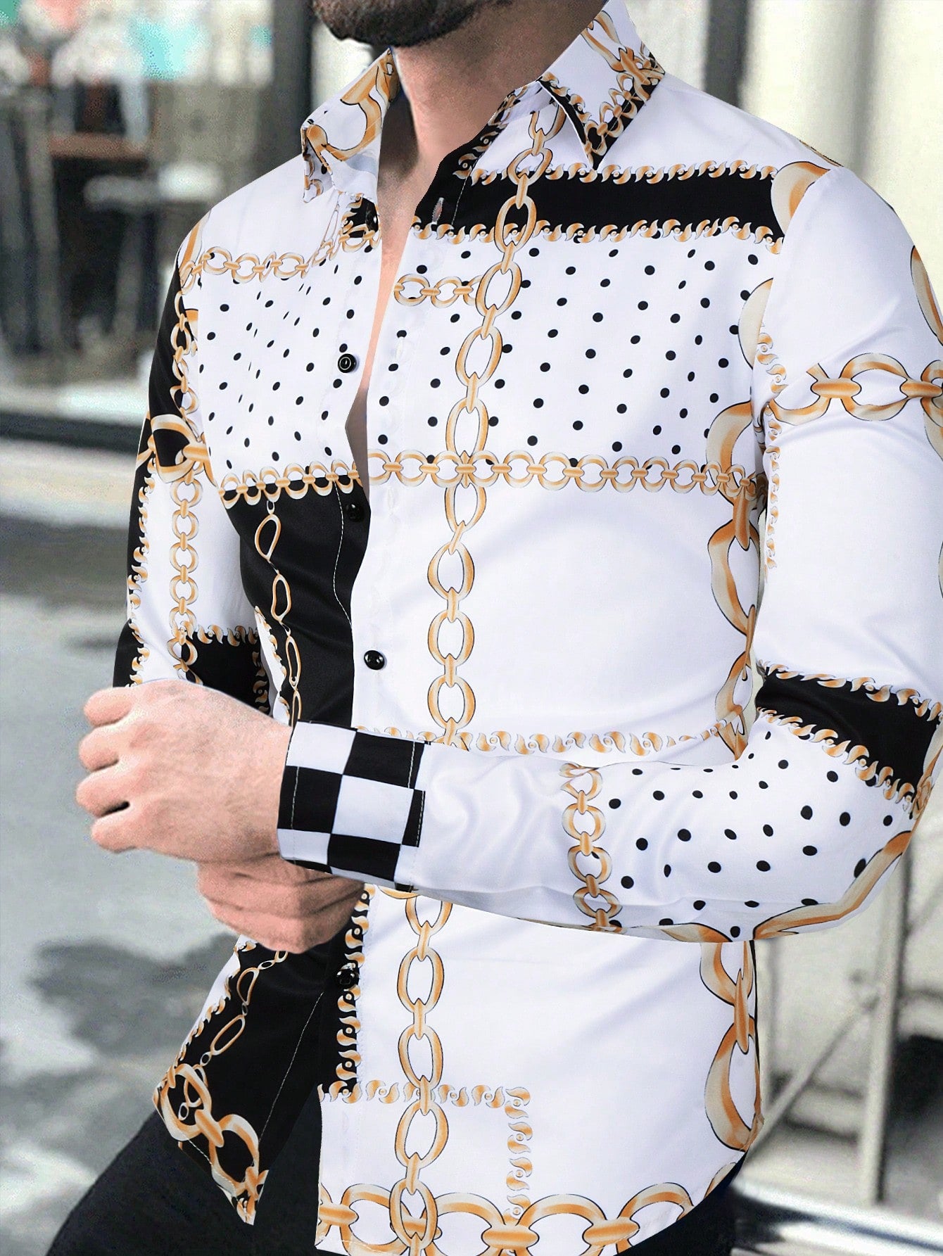 Trendy Autumn Vibes: Men's Casual Long Sleeve Shirt with Chain White