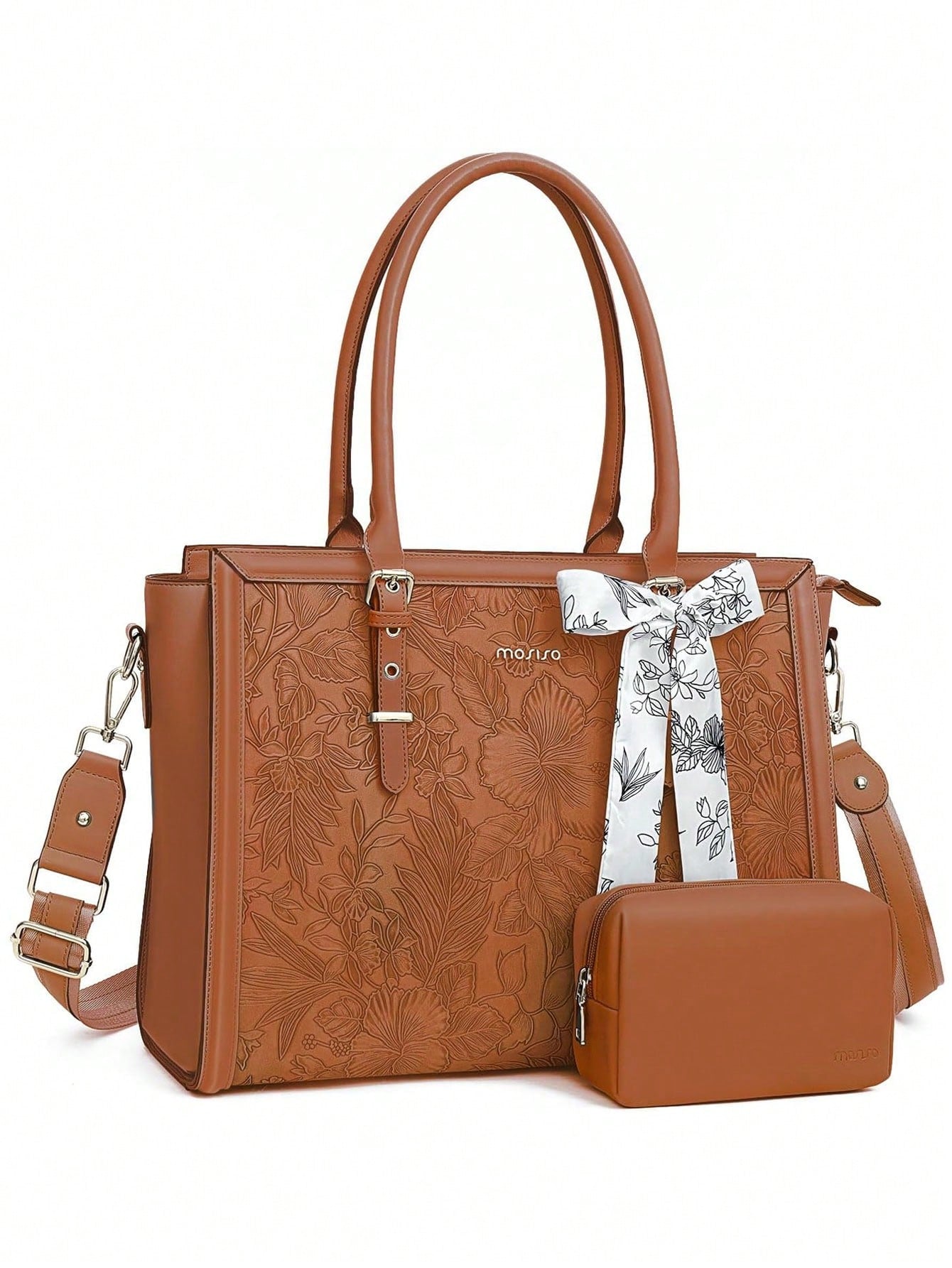Chic Retro Hibiscus Laptop Tote Bag for Women – Stylish & Functional PU Leather with Silk Scarf