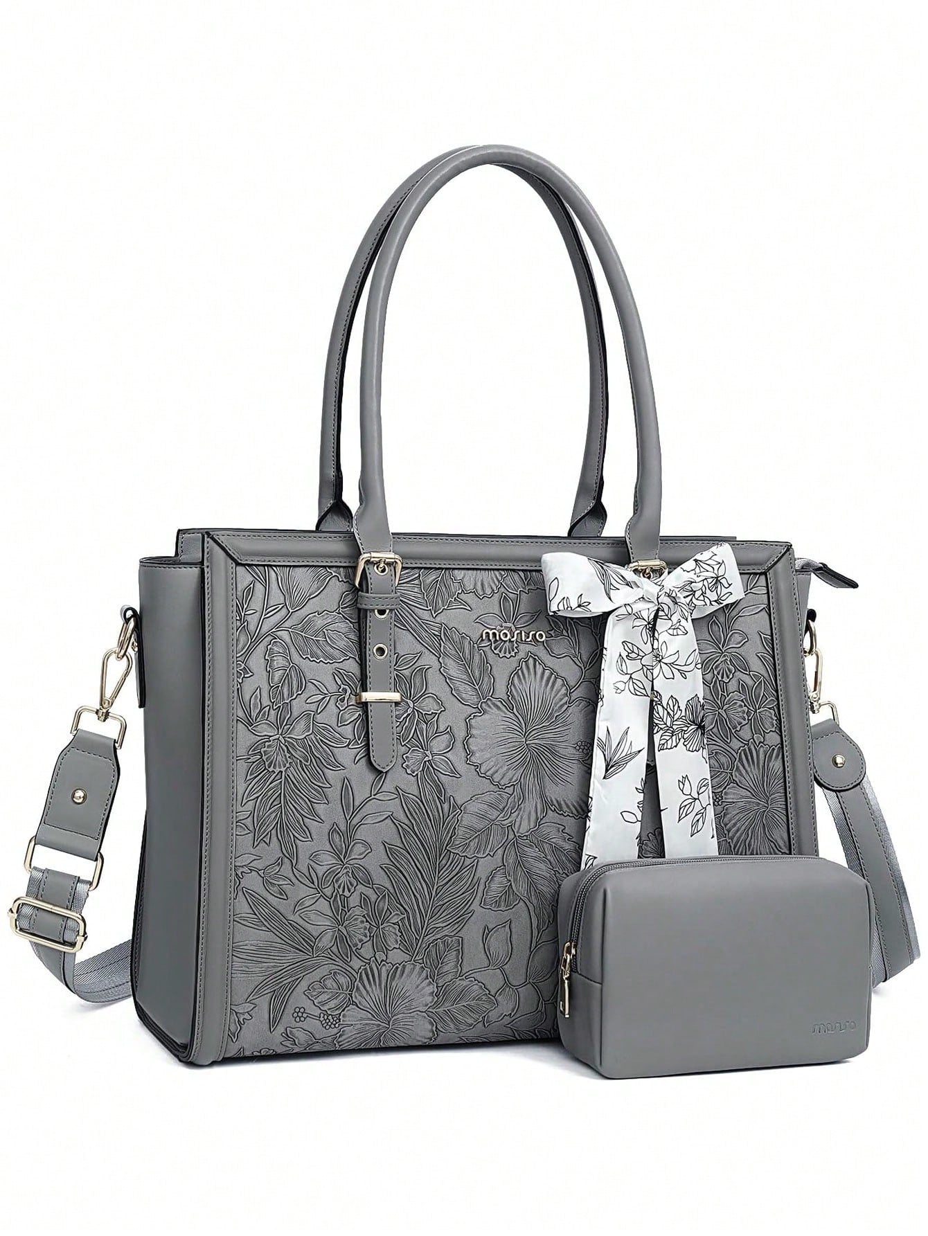 Chic Retro Hibiscus Laptop Tote Bag for Women – Stylish & Functional PU Leather with Silk Scarf