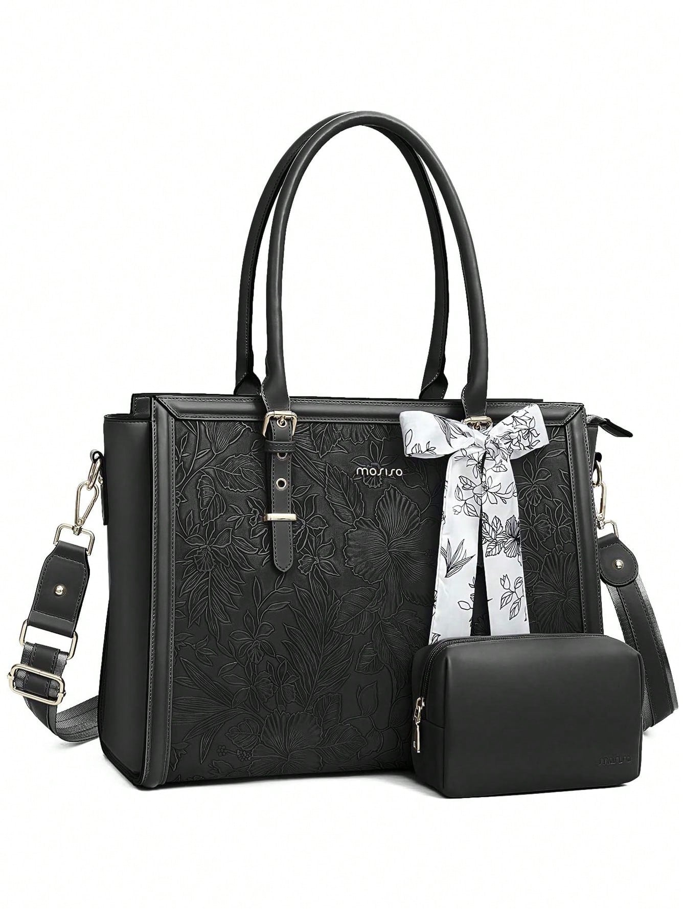 Chic Retro Hibiscus Laptop Tote Bag for Women – Stylish & Functional PU Leather with Silk Scarf