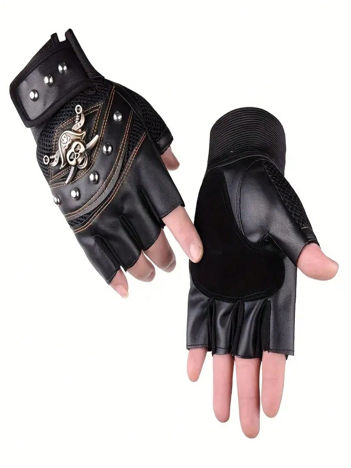 Unisex Punk Style Half-Finger Leather Gloves - Perfect for Cycling Black Pair Black and Red Pair