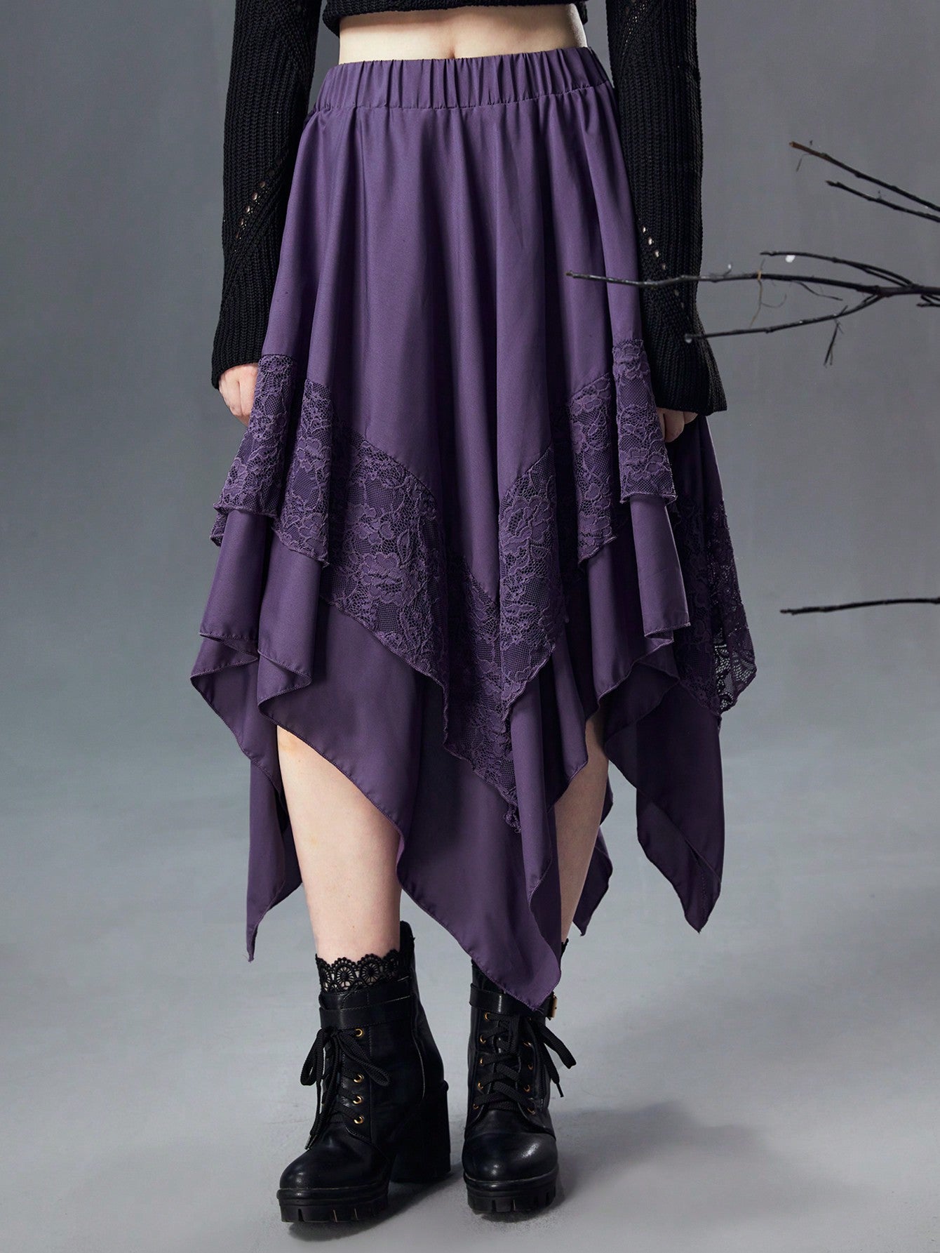 Goth Asymmetrical Lace Midi Skirt - High-Waisted Elegance for Halloween & Everyday Style Beige / XS Beige / S