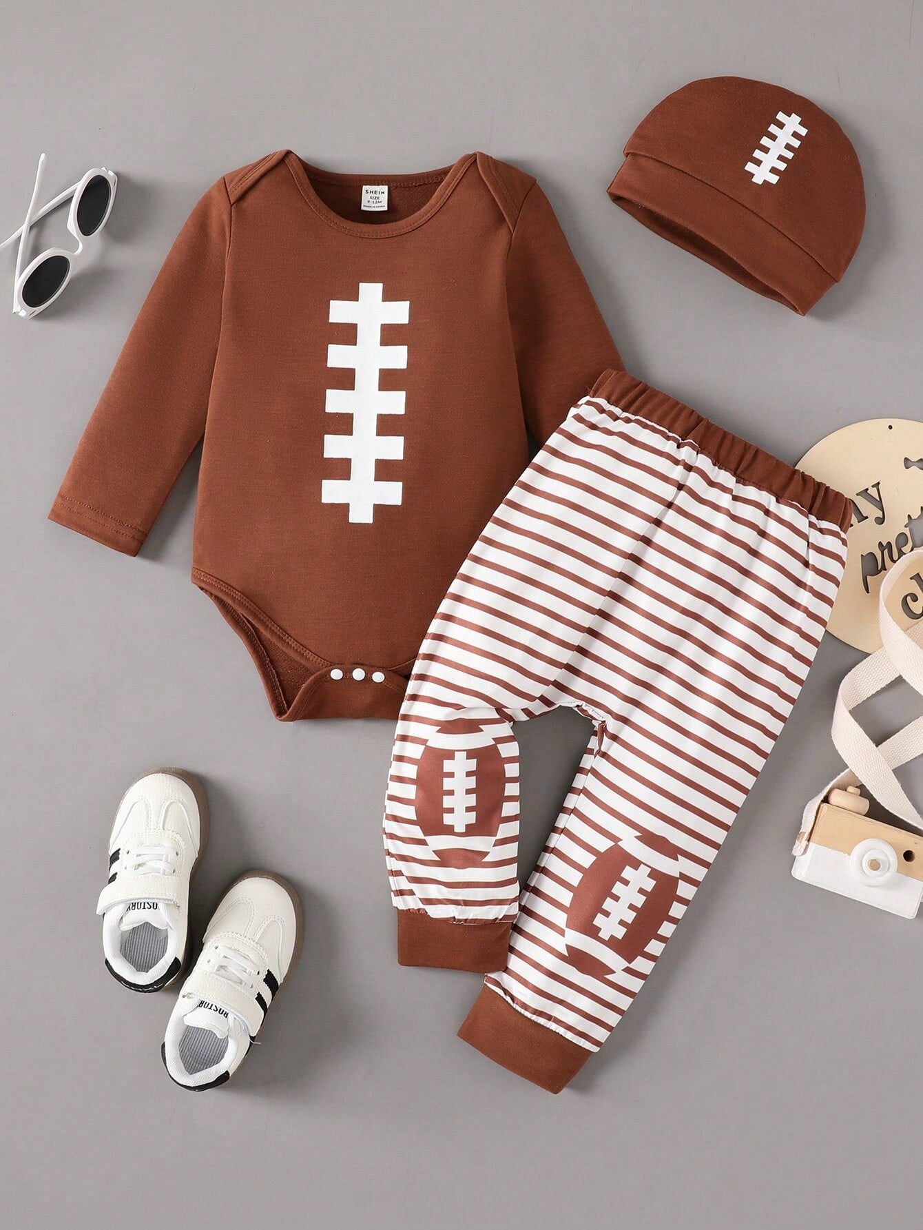 Adorable Baby Boy Graphic Bodysuit with Striped Sweatpants and Matching Hat Set