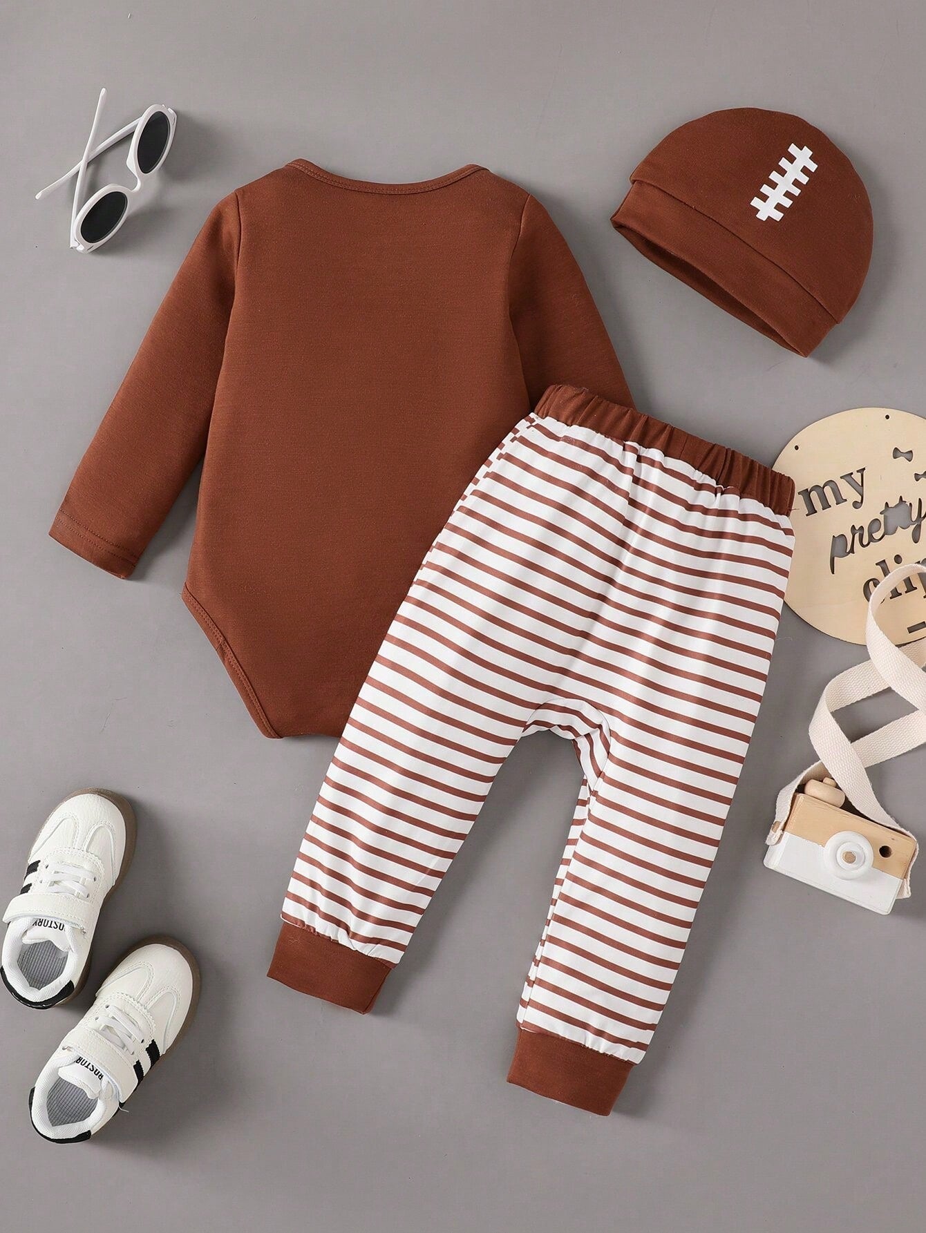 Adorable Baby Boy Graphic Bodysuit with Striped Sweatpants and Matching Hat Set