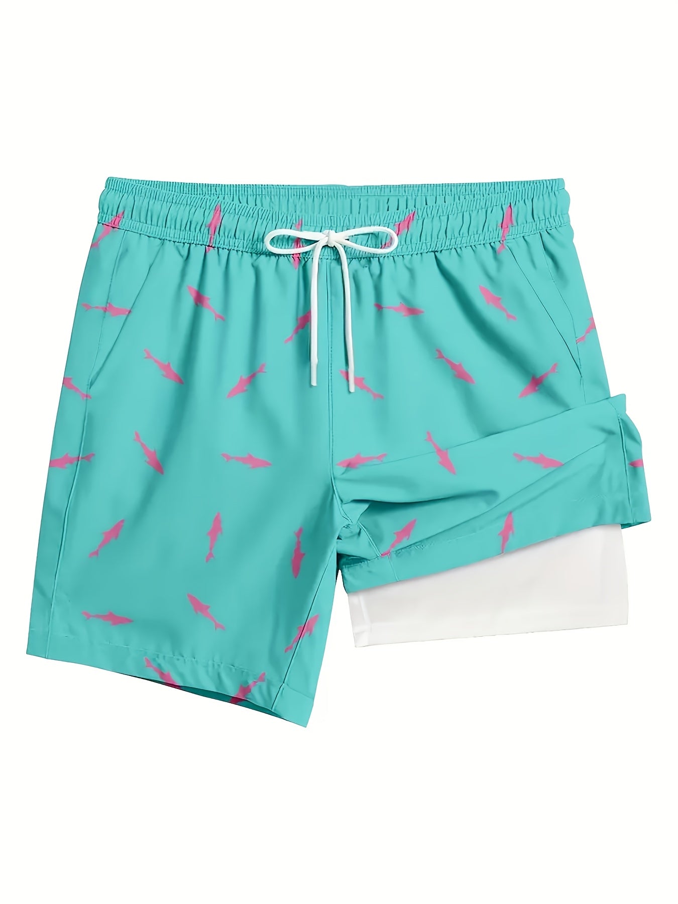 Lightweight Breathable Swim Trunks with Compression Lining, Quick-Dry Fabric, Adjustable Drawstring Waist, Tropical Fish Print in Navy Blue