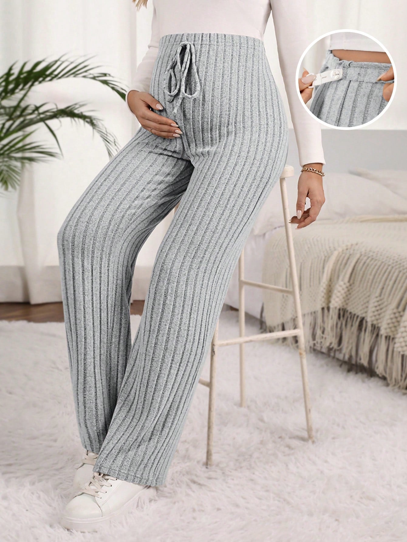 Maternity Solid Color Ribbed Pants with Adjustable Waistband Apricot / S Apricot / M