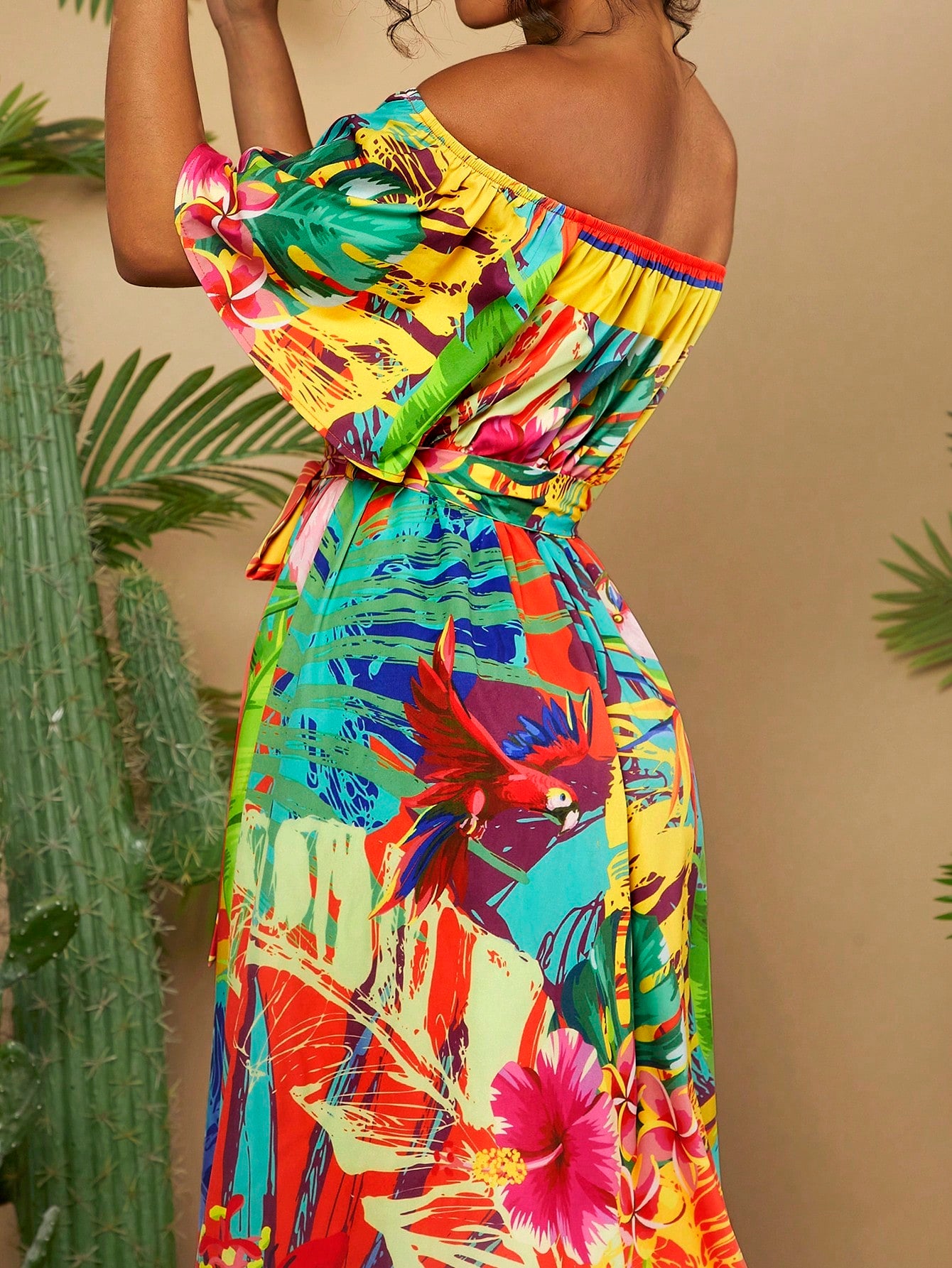 Off-Shoulder Wrap Dress with Belted Waist and Flared Hem Blue / XS Blue / S Blue / M Blue / XS-Blue / S-Blue / M-Blue / L-Blue / XL-Multicolor / XS-Multicolor / S-Multicolor / M-Multicolor / L-Multicolor / XL-