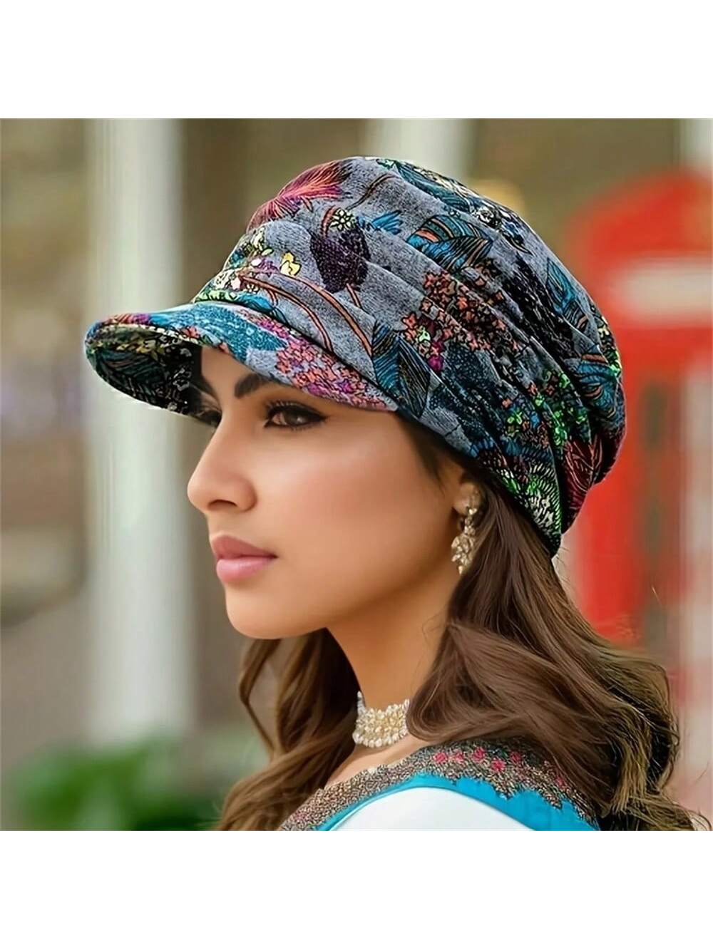 Vintage Floral Print Newsboy Cap - Lightweight, Foldable Sun Hat Flowers Red Flower Blue