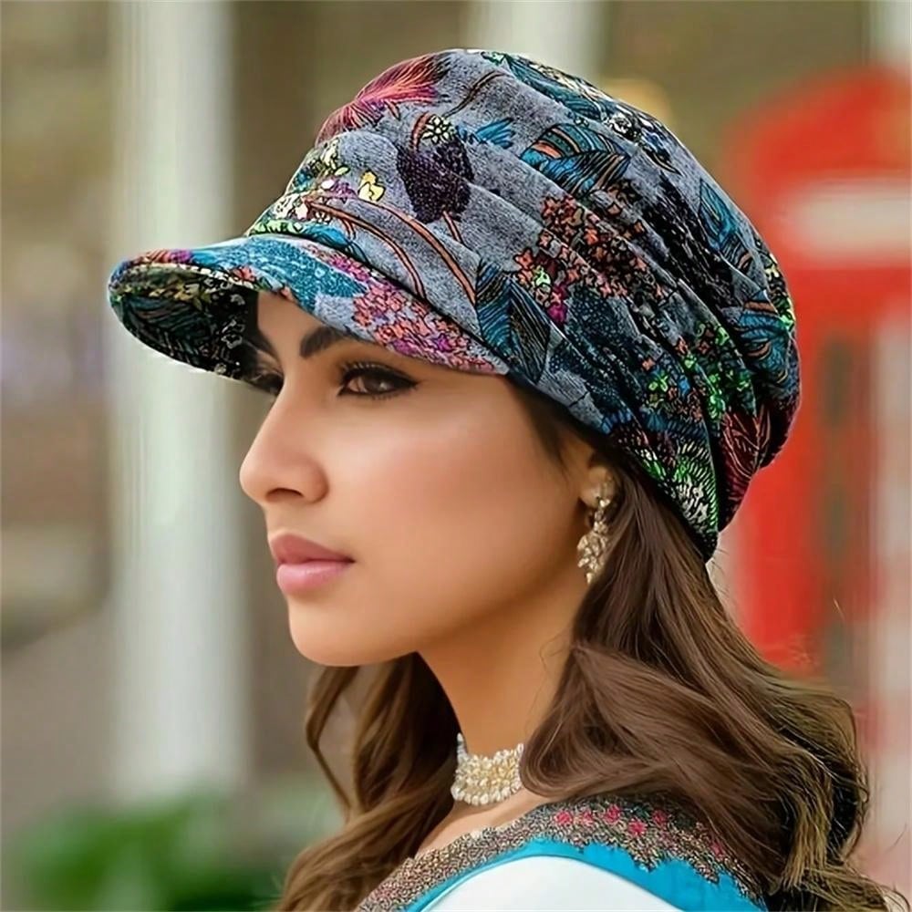 Vintage Floral Print Newsboy Cap - Lightweight, Foldable Sun Hat Flowers Red Flower Blue