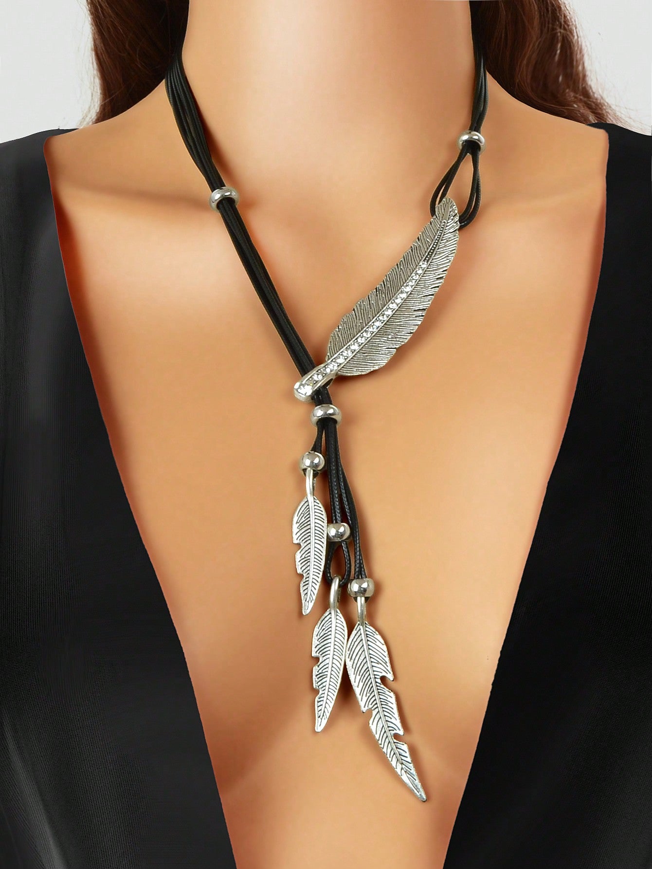Bohemian Chic: Handmade Black PU Rope Necklace with Antique Silver Feather Pendant one-size