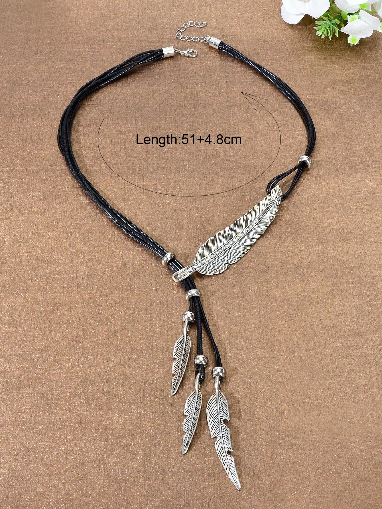 Bohemian Chic: Handmade Black PU Rope Necklace with Antique Silver Feather Pendant