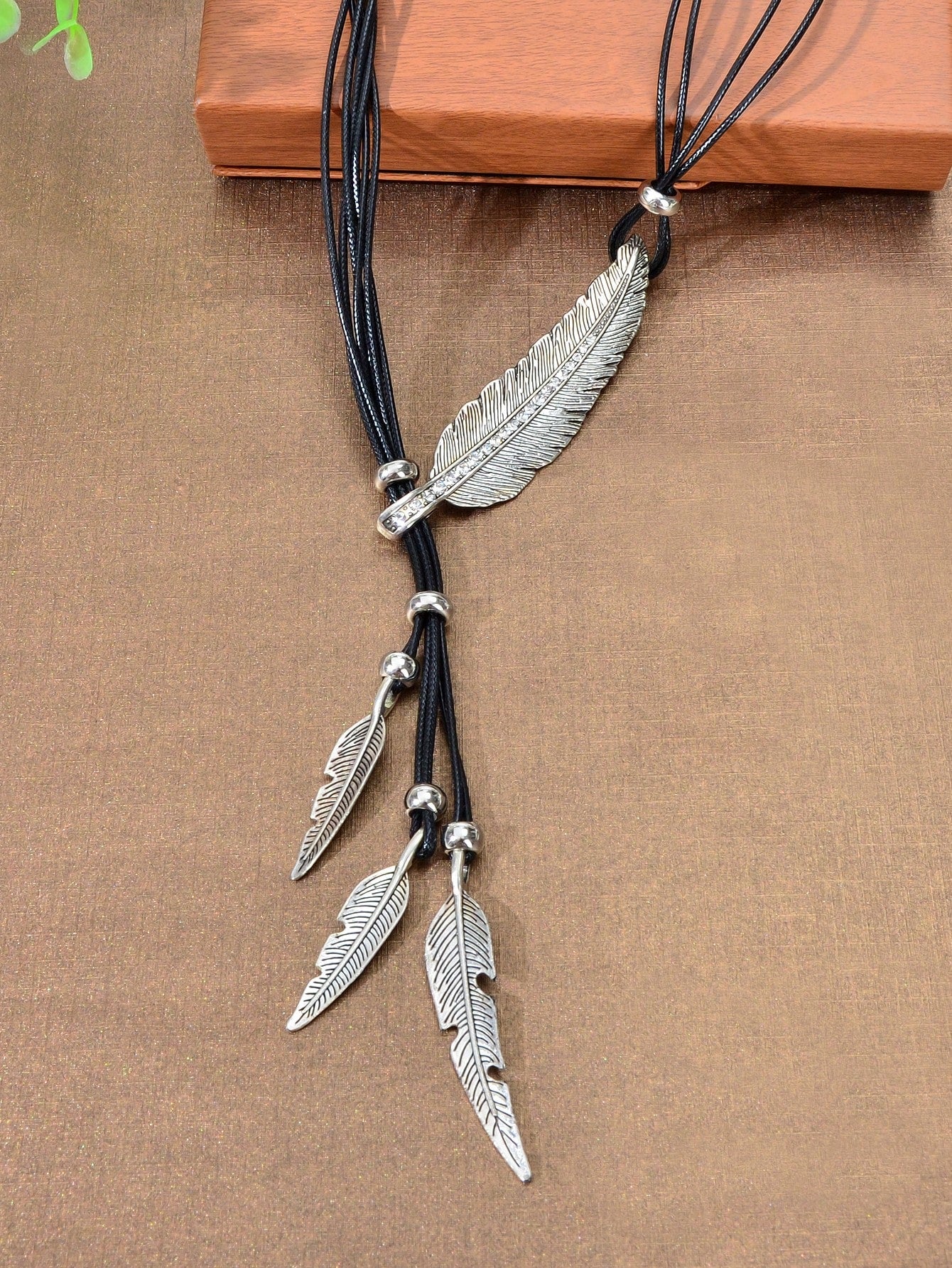 Bohemian Chic: Handmade Black PU Rope Necklace with Antique Silver Feather Pendant
