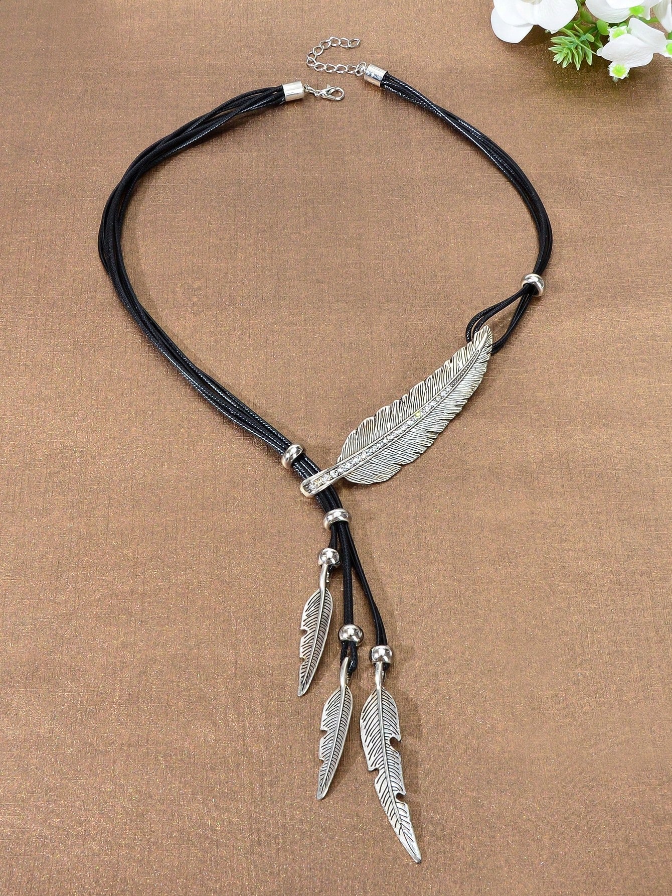 Bohemian Chic: Handmade Black PU Rope Necklace with Antique Silver Feather Pendant