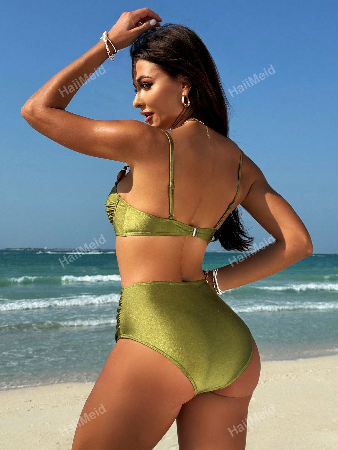 Elegant Shiny Nylon High Waist Bikini Set with Steel Ring S M L S-M-L-XL-