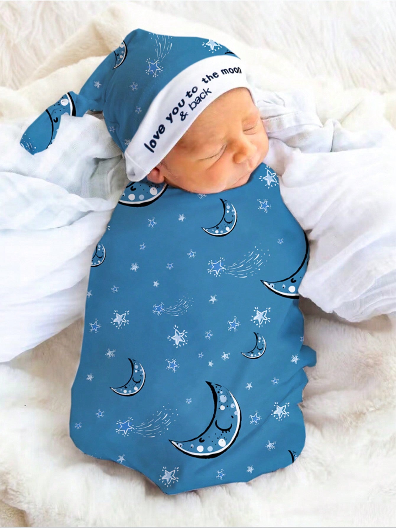 Adorable Newborn Baby Boy Star & Moon Print Blanket and Hat Photo Set