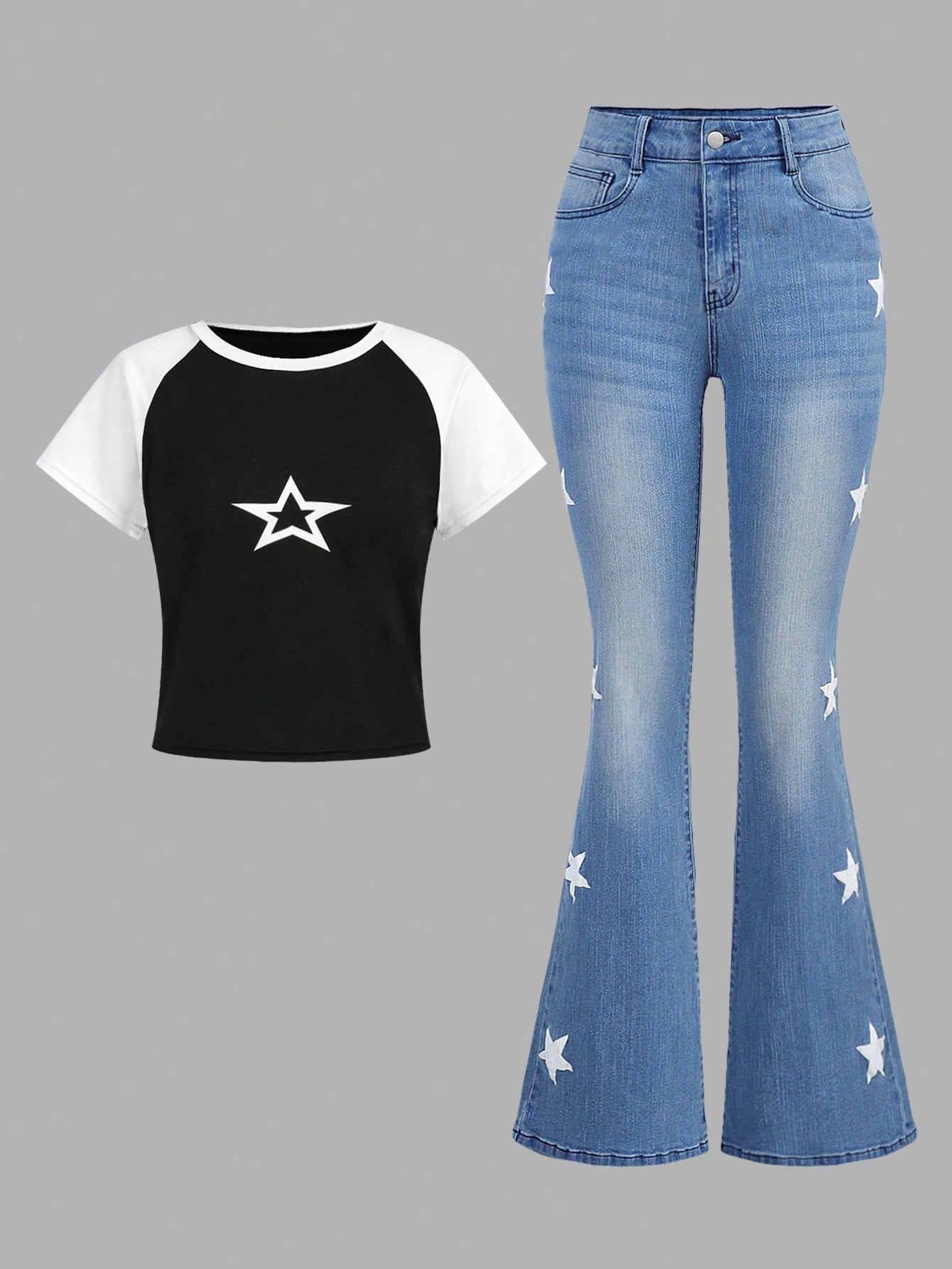 Trendy Teen Girls' Star-Pattern Color Block T-Shirt & Flared Jeans Two-Piece Set 13Y 14Y
