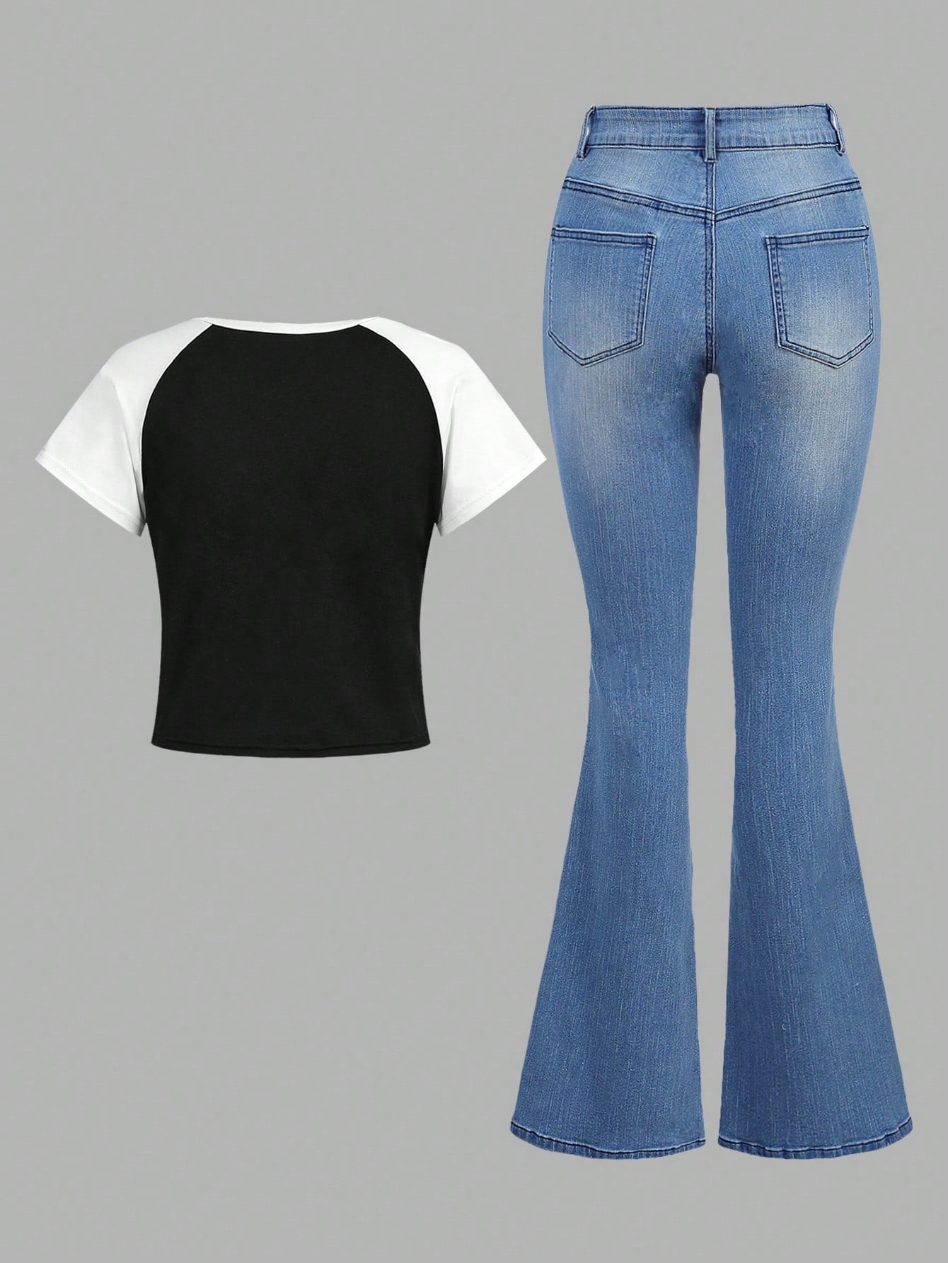 Trendy Teen Girls' Star-Pattern Color Block T-Shirt & Flared Jeans Two-Piece Set 13Y 14Y