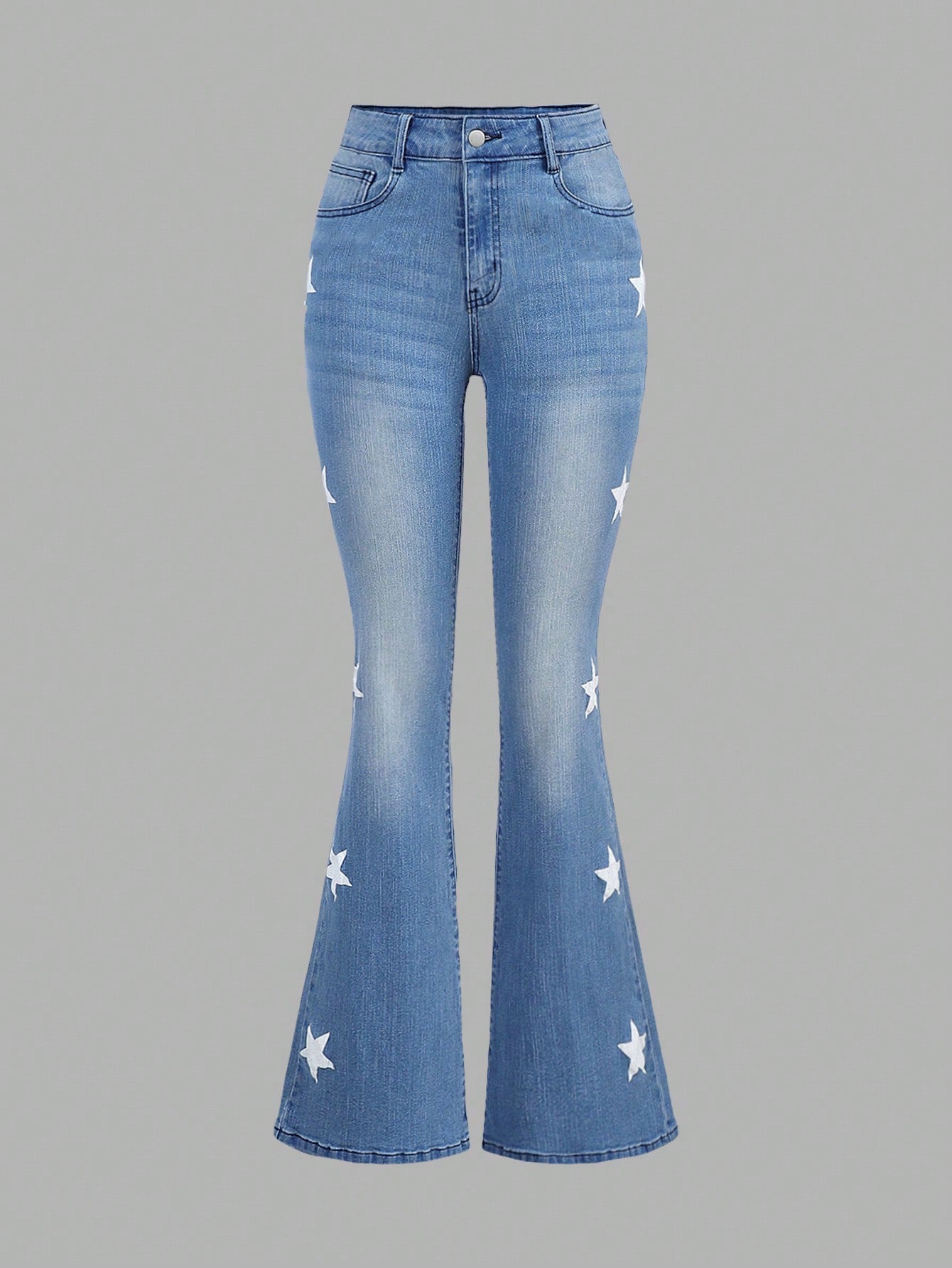 Trendy Teen Girls' Star-Pattern Color Block T-Shirt & Flared Jeans Two-Piece Set 13Y 14Y