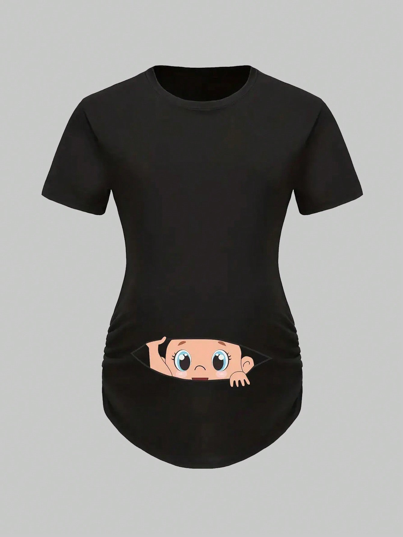 Adorable Maternity Cartoon Print Curved Hem T-Shirt for Expecting Moms White / S White / M