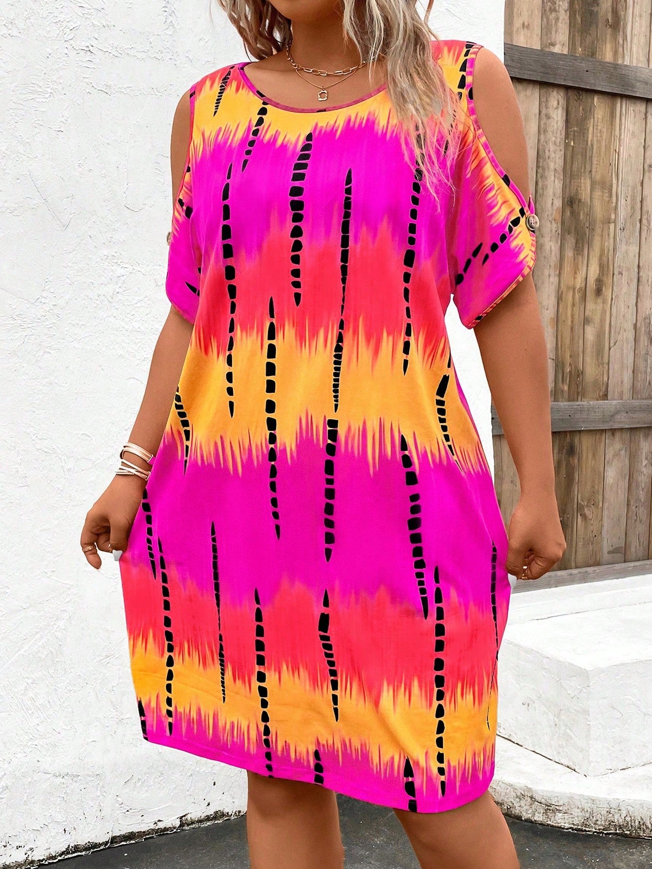 Chic & Comfortable: Plus Size Color Block Open Shoulder Dress Multicolor-3
