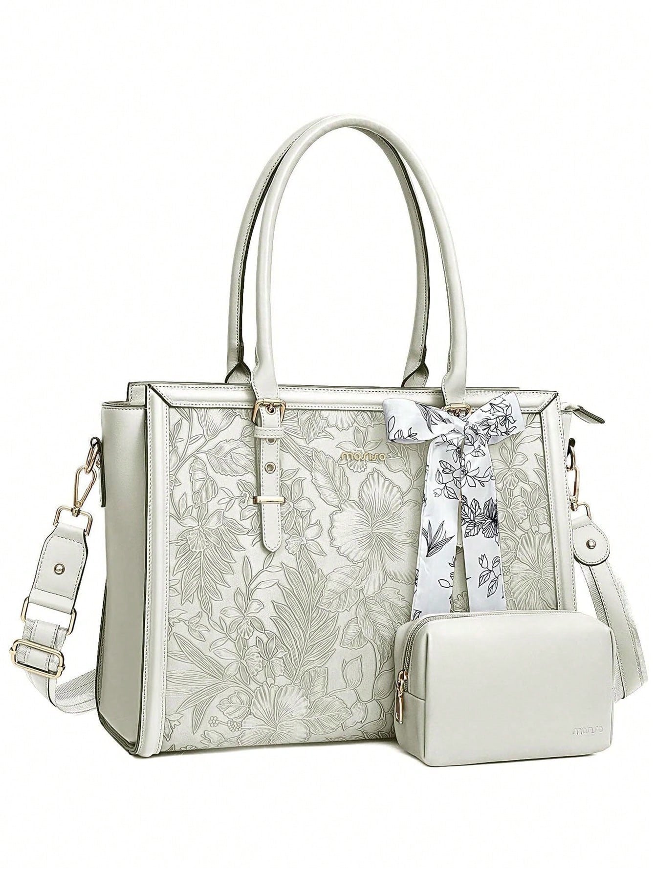 Chic Retro Hibiscus Laptop Tote Bag for Women – Stylish & Functional PU Leather with Silk Scarf