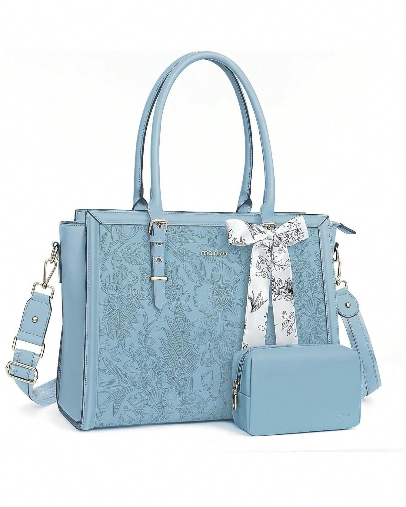 Chic Retro Hibiscus Laptop Tote Bag for Women – Stylish & Functional PU Leather with Silk Scarf