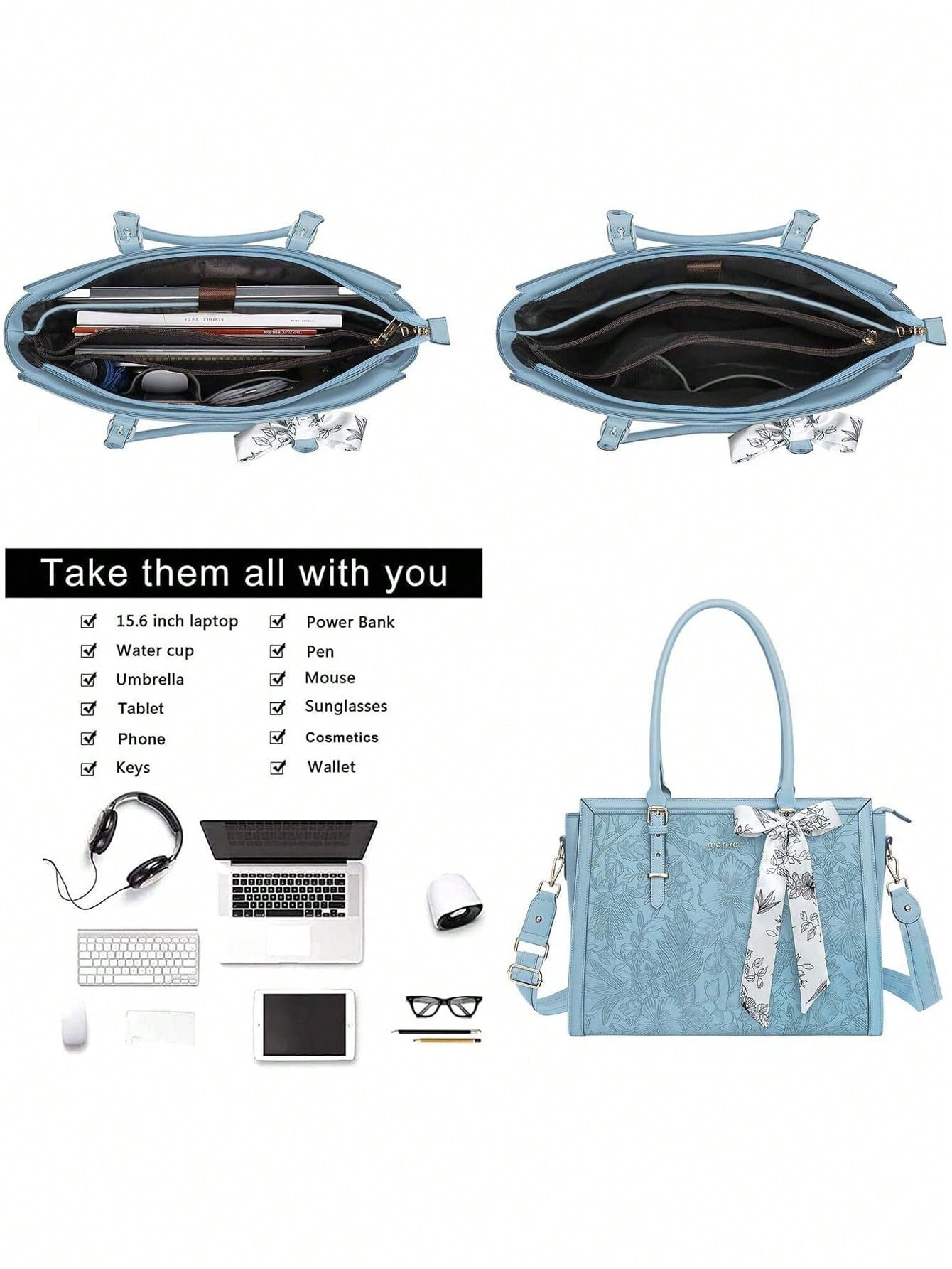 Chic Retro Hibiscus Laptop Tote Bag for Women – Stylish & Functional PU Leather with Silk Scarf