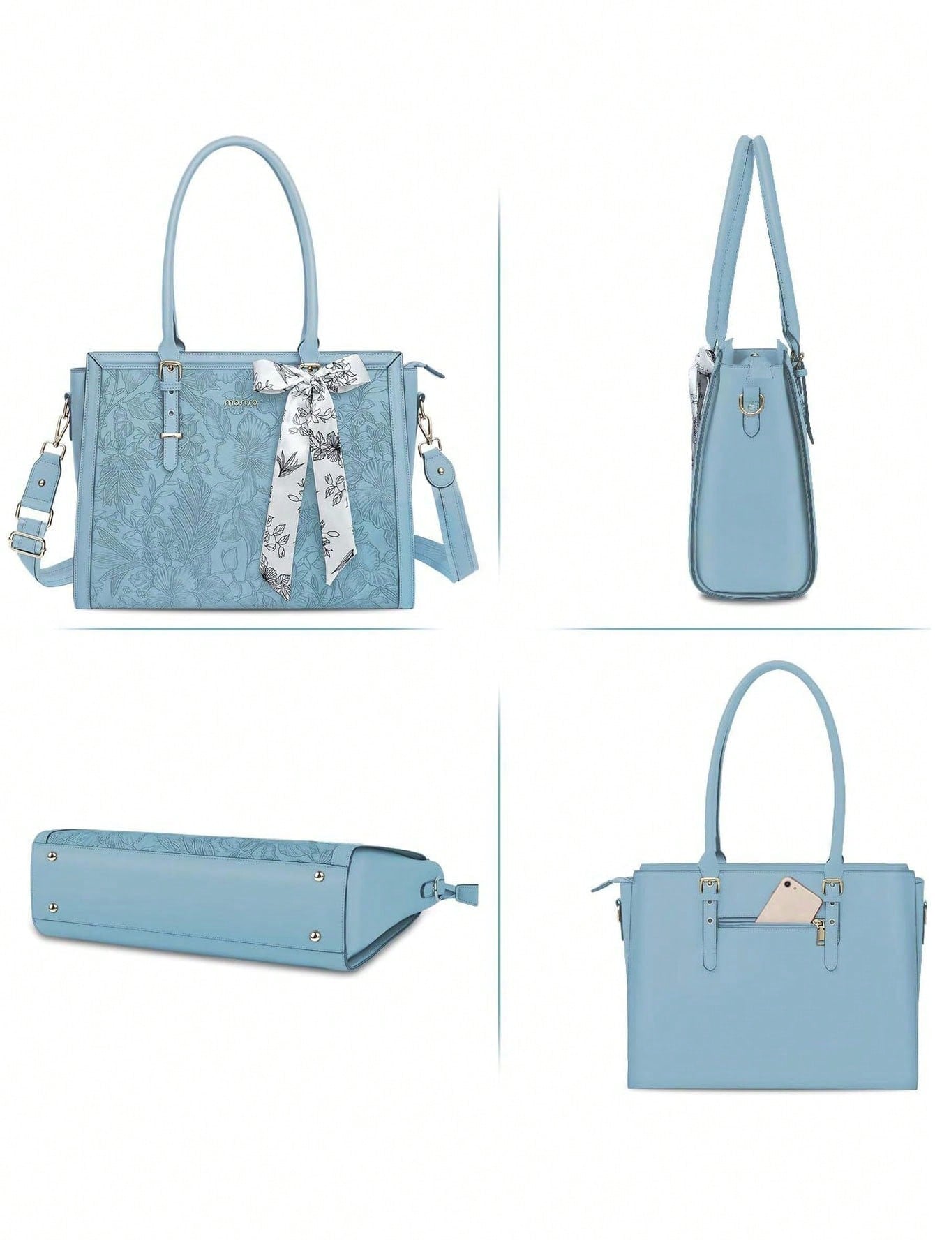Chic Retro Hibiscus Laptop Tote Bag for Women – Stylish & Functional PU Leather with Silk Scarf