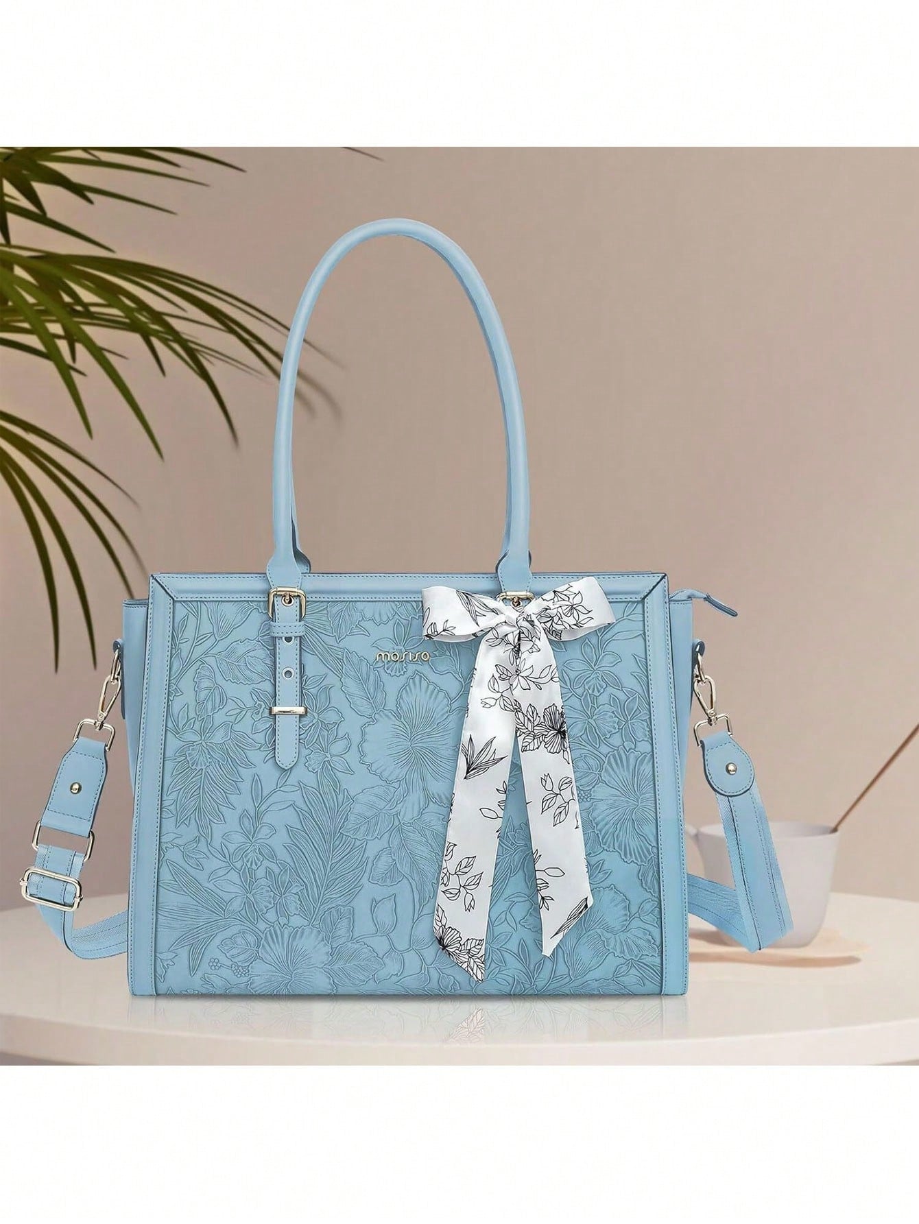 Chic Retro Hibiscus Laptop Tote Bag for Women – Stylish & Functional PU Leather with Silk Scarf