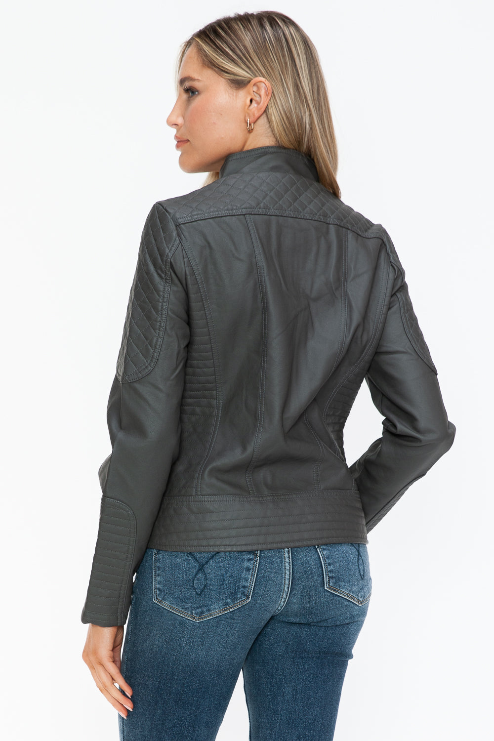 Snobbish Faux Leather Zip Up Mock Neck Jacket Charcoal / S Charcoal / M