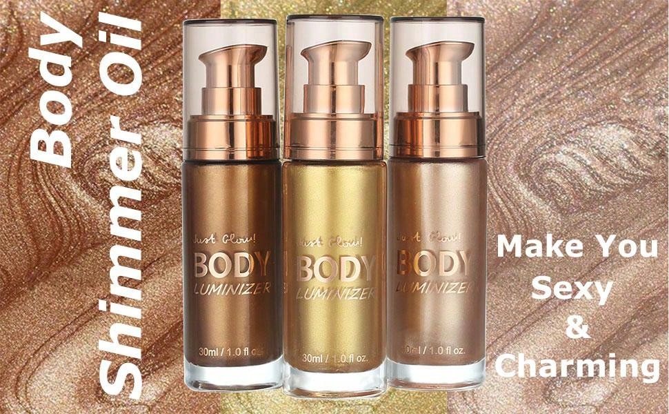 Radiant Glow Waterproof Body Shimmer Oil - Long-Lasting Bronze Illuminator with Makeup Brush