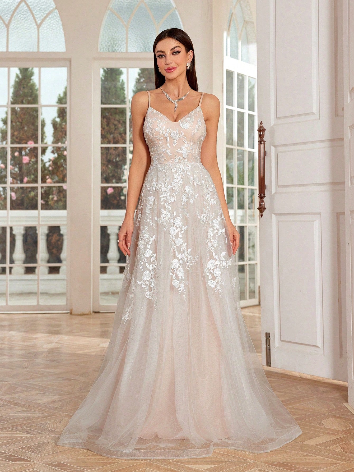 Elegant White Spaghetti Strap Swing Dress with Romantic Embroidery and Lace