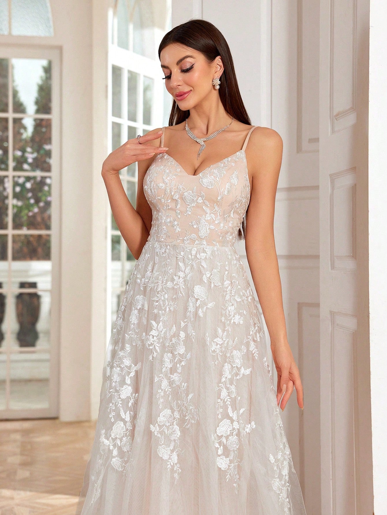 Elegant White Spaghetti Strap Swing Dress with Romantic Embroidery and Lace