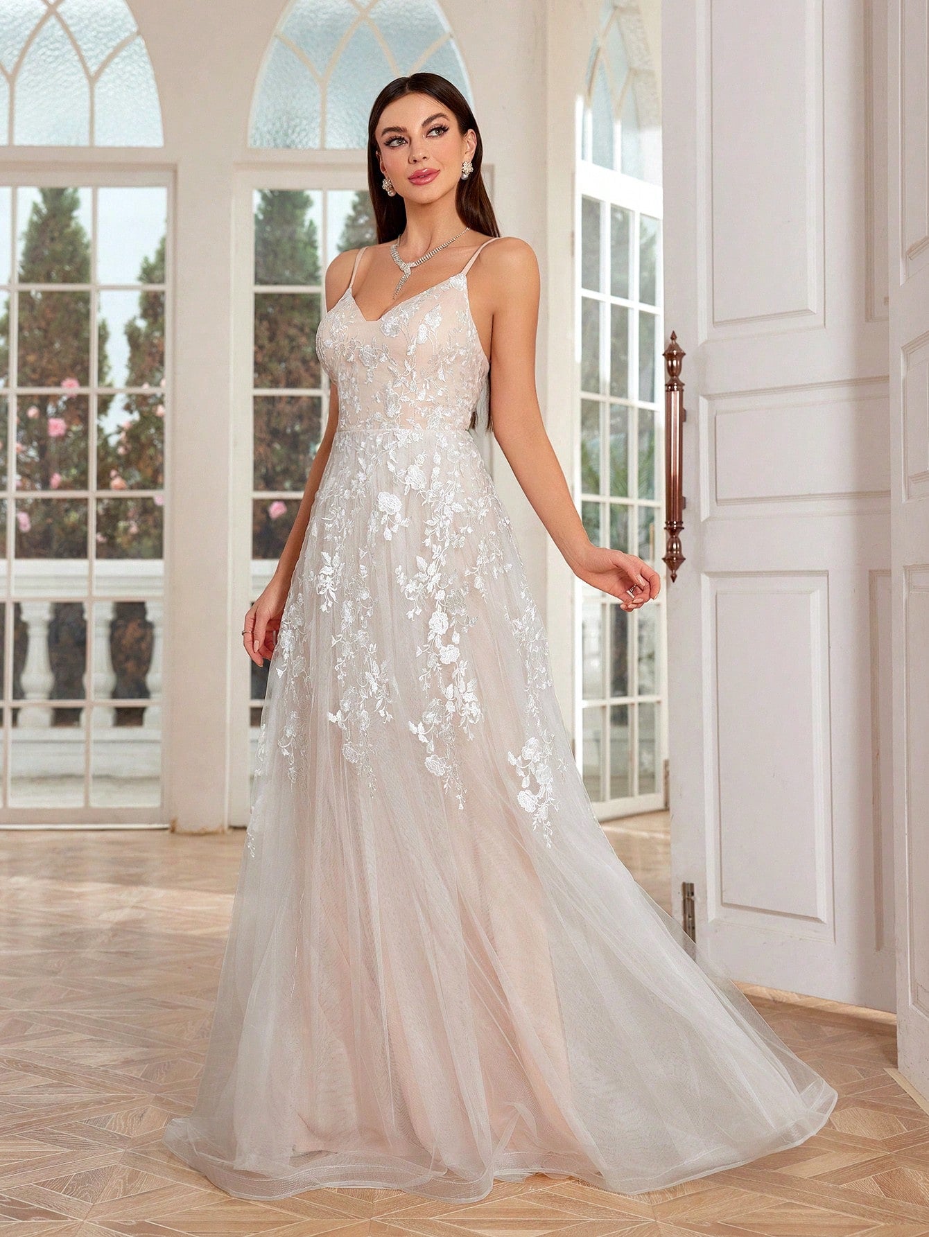 Elegant White Spaghetti Strap Swing Dress with Romantic Embroidery and Lace
