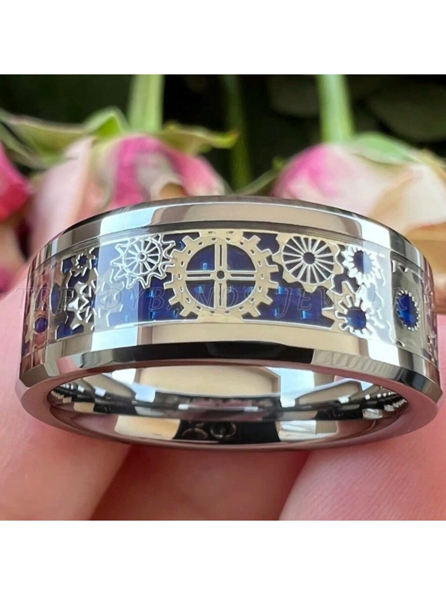 Men's Punk Blue Gear Wheel Stainless Steel Wedding Ring – Sizes 7 to 13 7 8